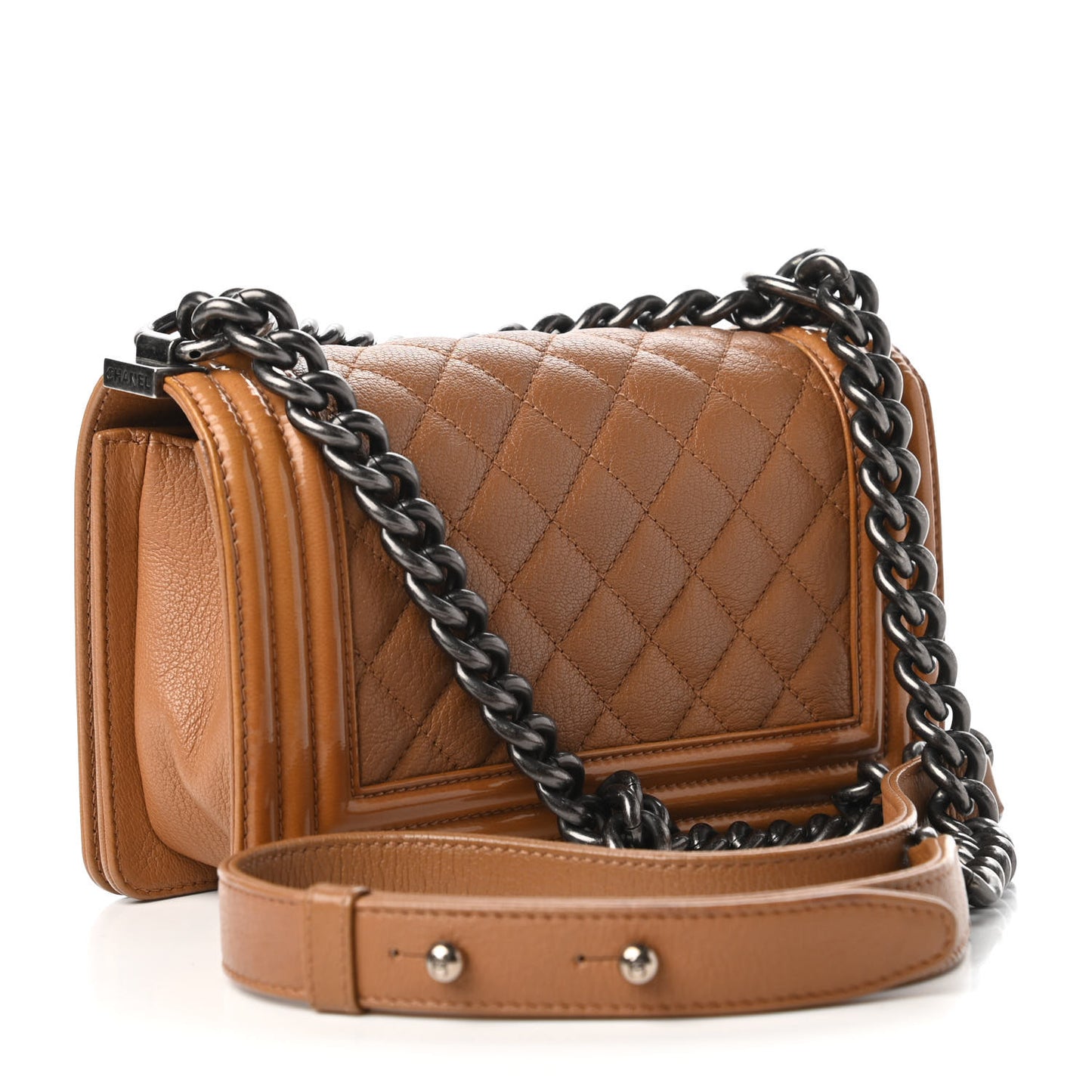Goatskin Quilted Patent Small Duo Boy Flap Tan