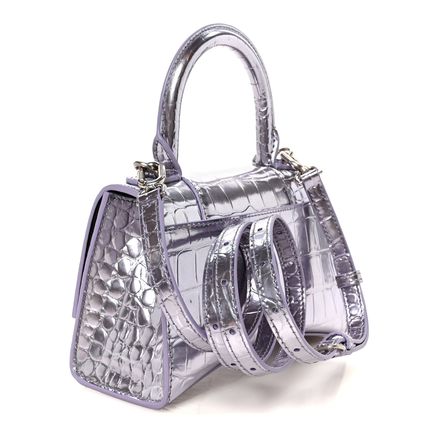 Metallic Calfskin Crocodile Embossed Hourglass Top Handle Bag XS Lilac