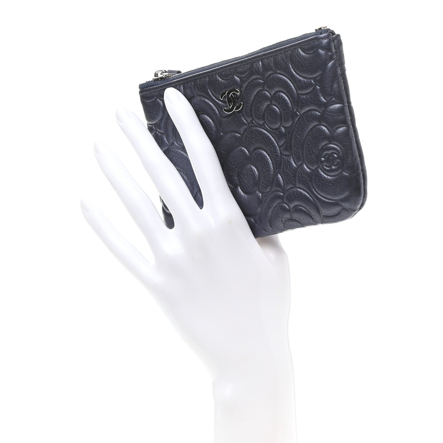 Goatskin Camellia Embossed Cosmetic Pouch Navy