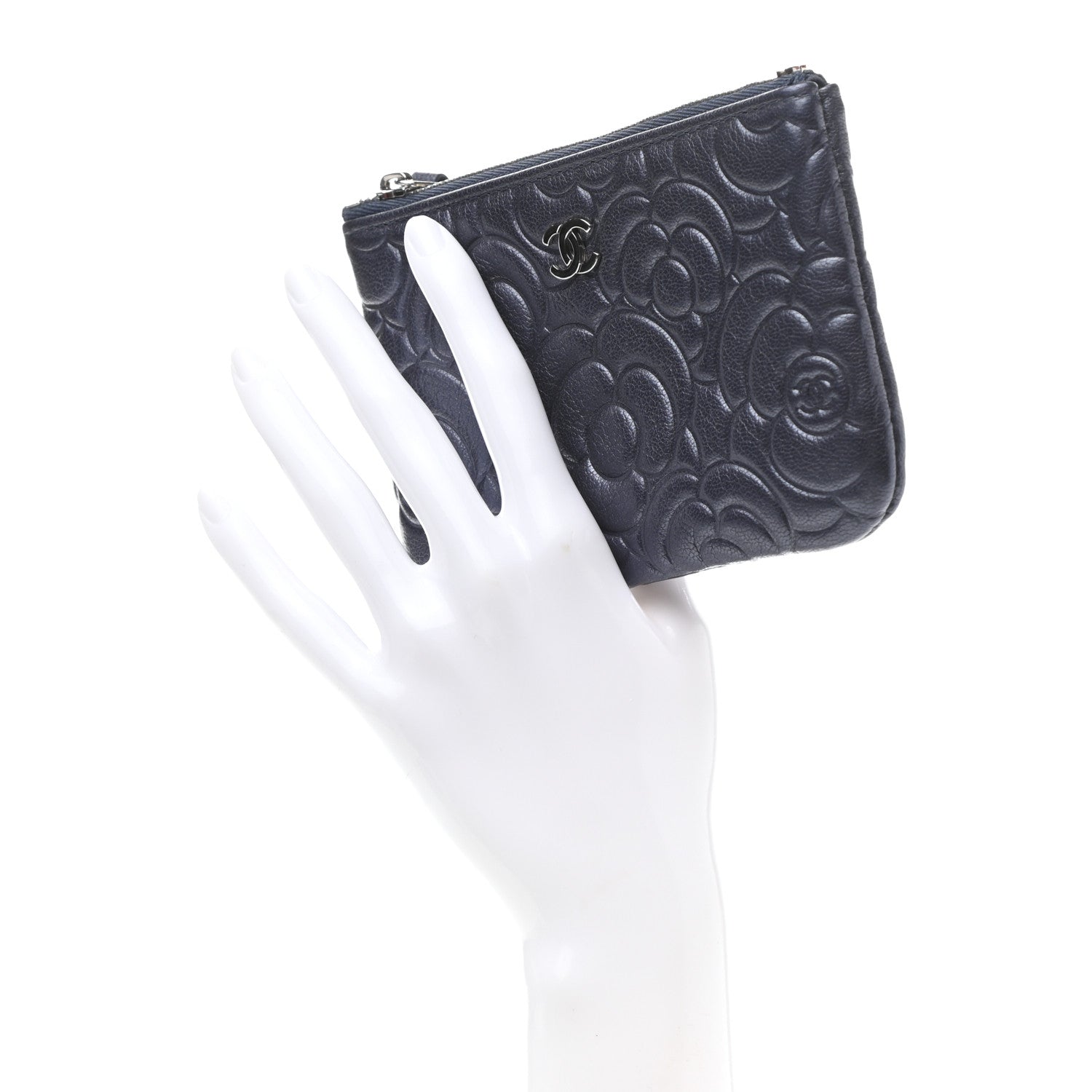Chanel Goatskin Camellia Embossed Cosmetic Pouch Navy 2 of 7