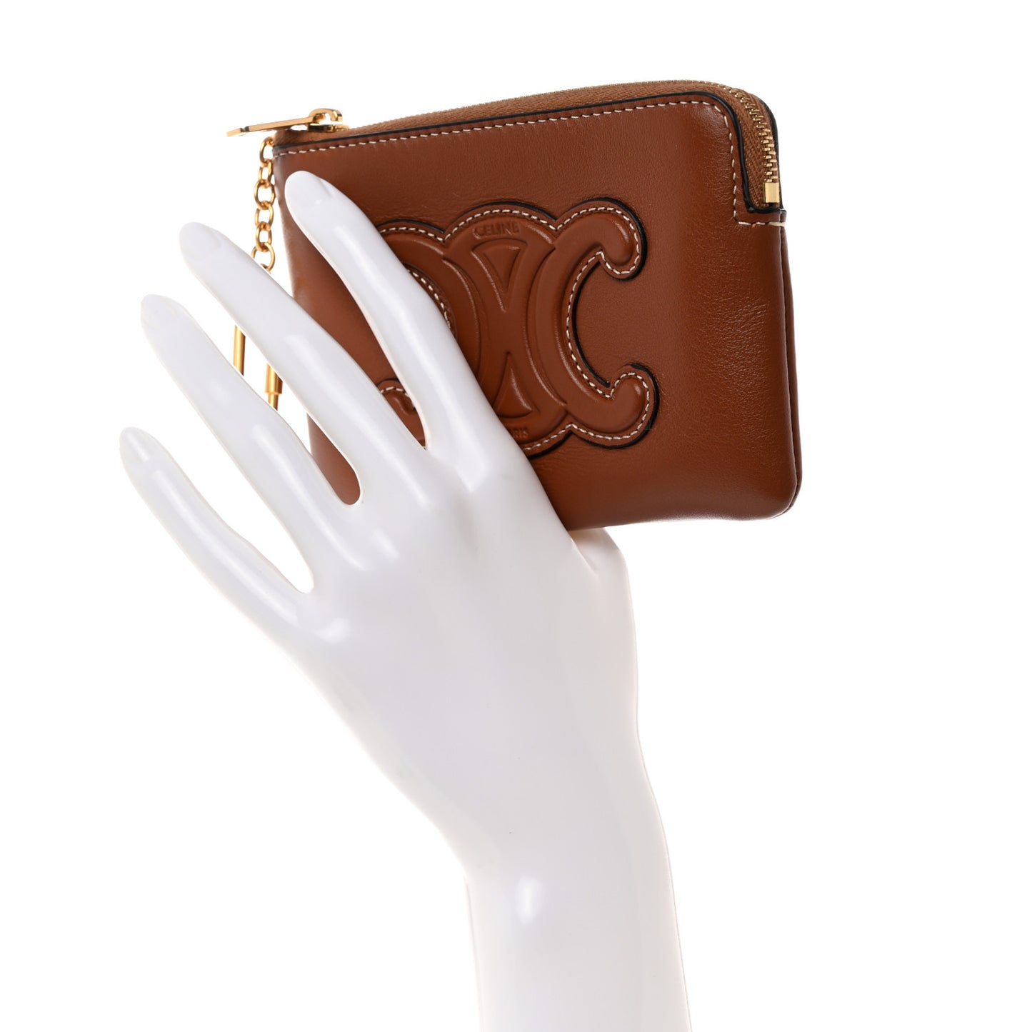 Smooth Calfskin Cuir Triomphe Coin and Card Pouch With Hook Tan