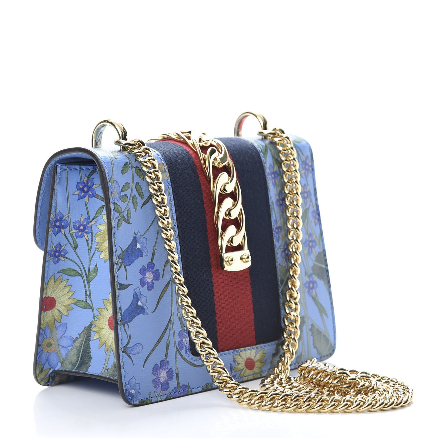 Shangai Calfskin Web New Flora Mini Sylvie Chain Shoulder Bag Azure