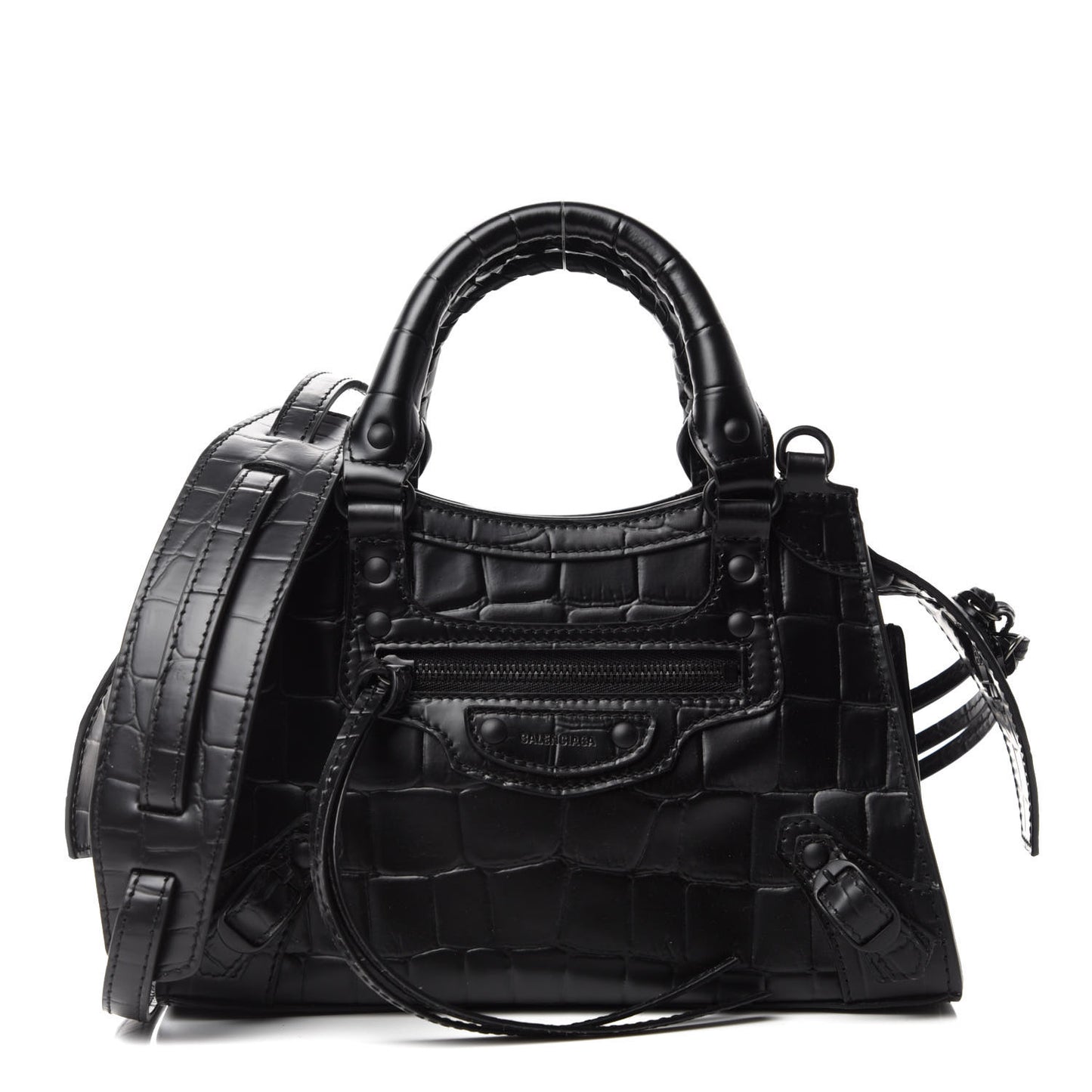 Semi Shiny Calfskin Crocodile Embossed Neo Classic Black Hardware Mini City Black