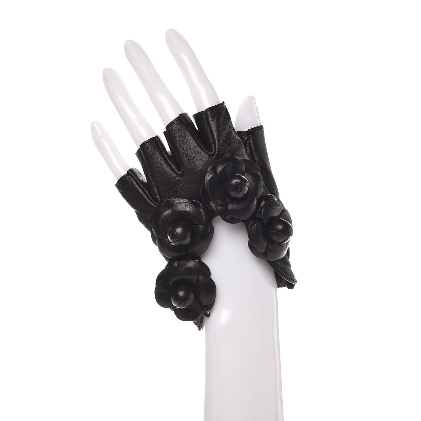 Lambskin Camellia Fingerless Gloves 7.5 Black
