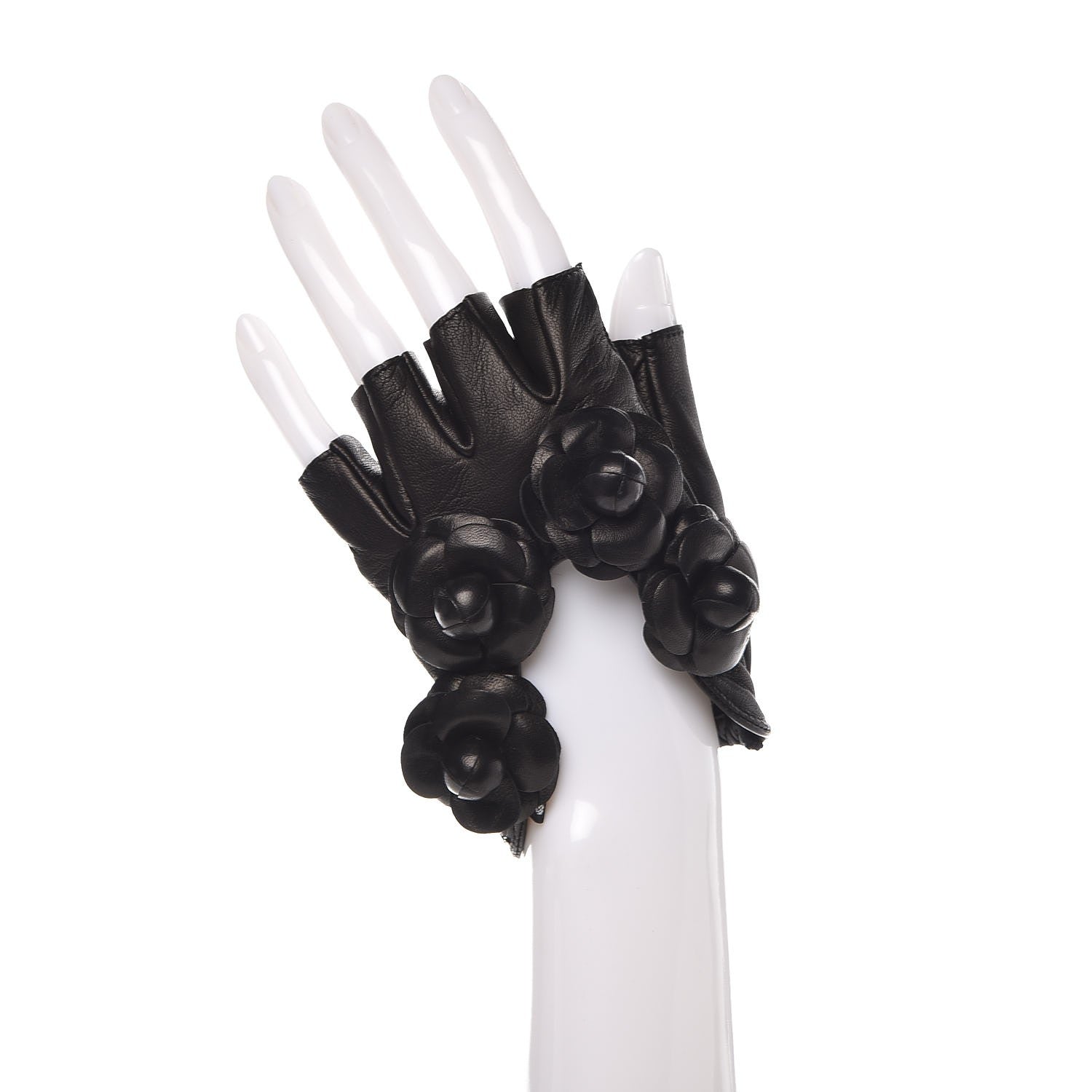 Chanel Lambskin Camellia Fingerless Gloves 7.5 Black 2 of 8