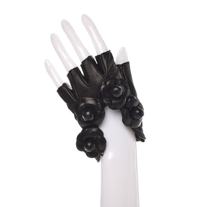 Chanel Lambskin Camellia Fingerless Gloves 7.5 Black 2 of 8