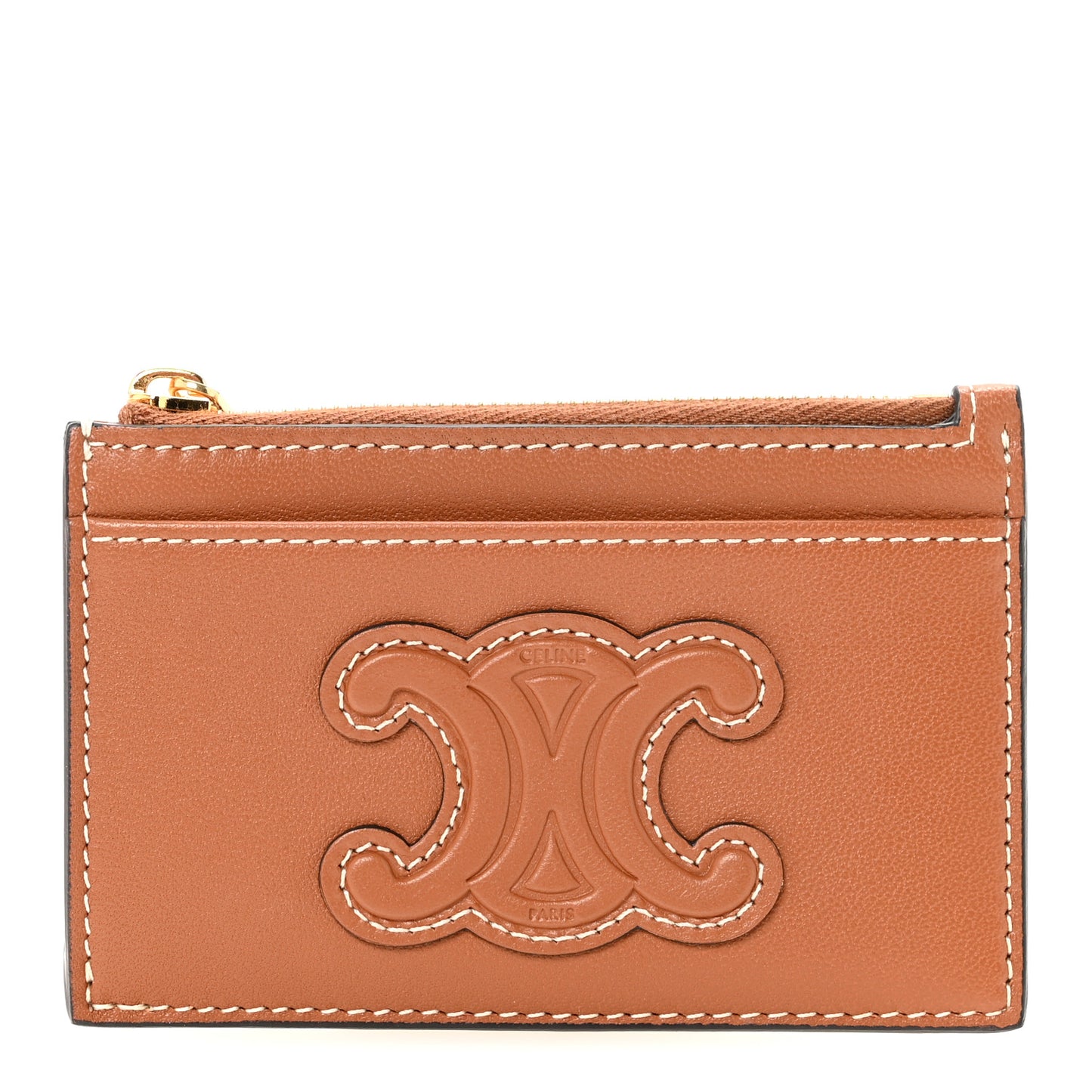 Triomphe Calfskin Zipped Card Holder Tan