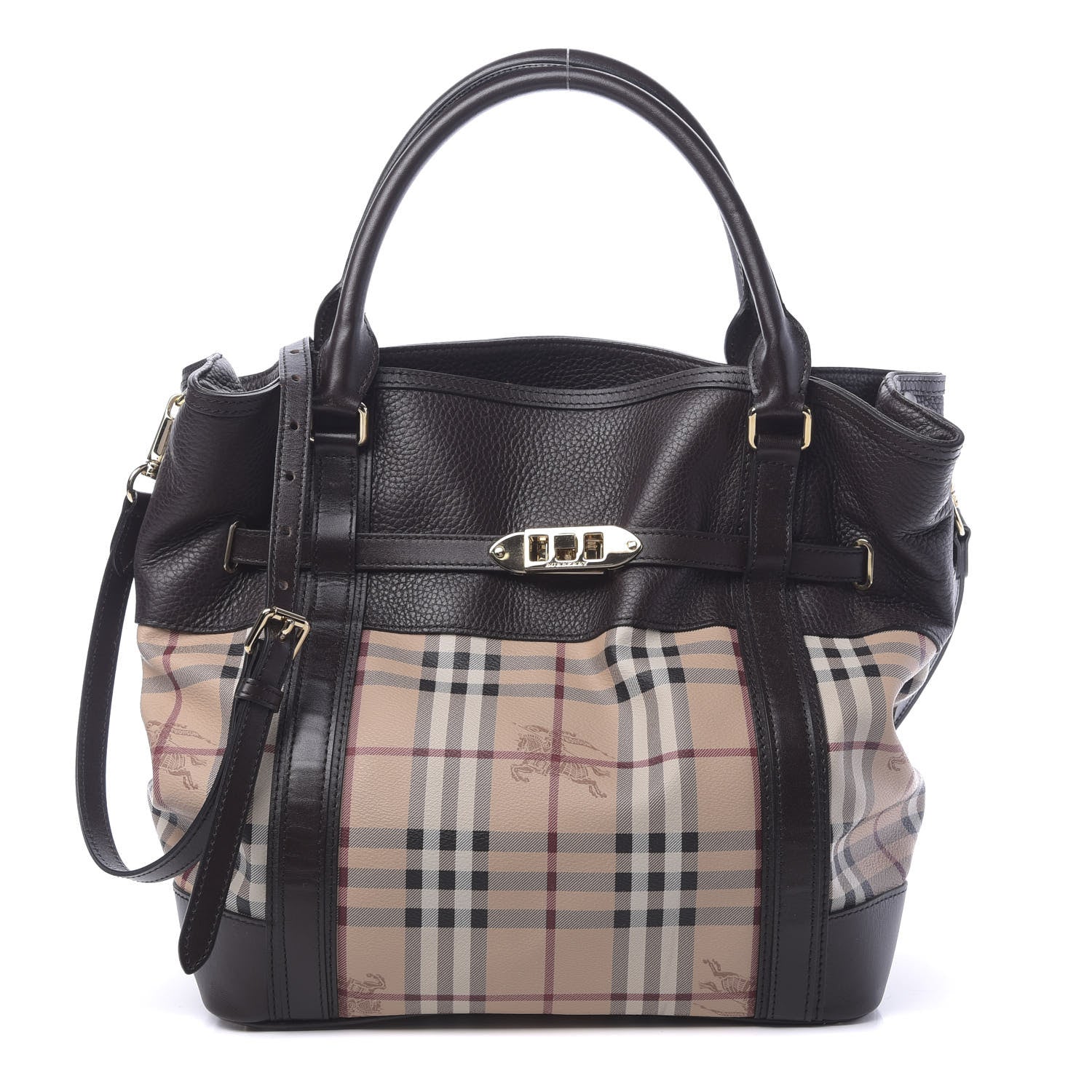 Burberry Grained Calfskin Haymarket Check Medium Golderton Tote Chocolate 1 of 12