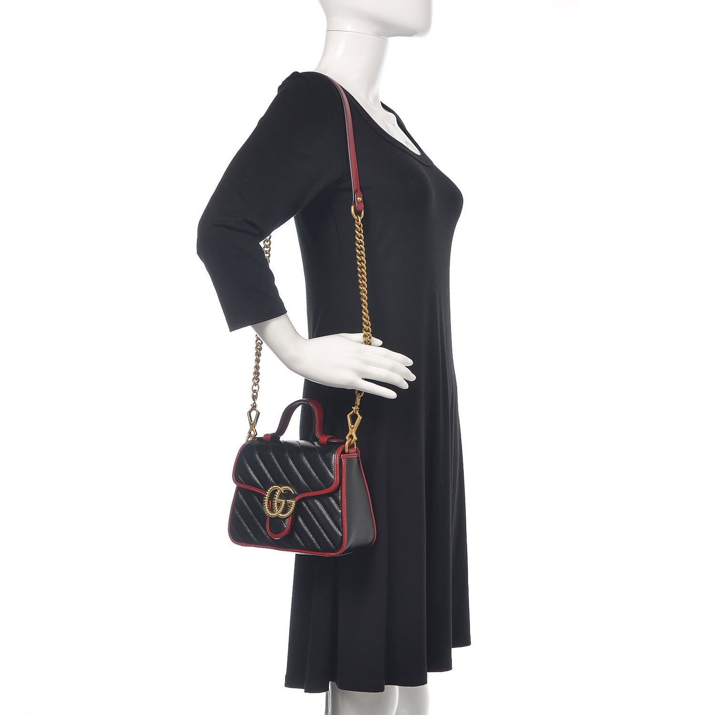 Vintage Effect Calfskin Matelasse Diagonal Mini Torchon GG Marmont Top Handle Shoulder Bag Black Romantic Cherry