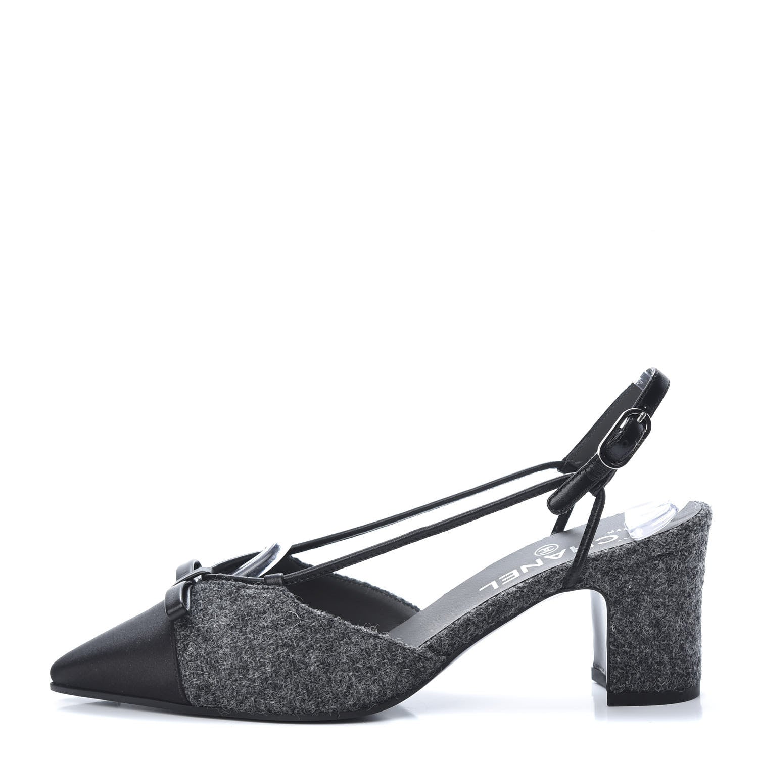 Chanel Tweed Satin Cap Toe CC Slingback Pumps 37.5 Black Grey 1 of 9