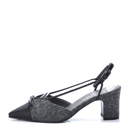 Chanel Tweed Satin Cap Toe CC Slingback Pumps 37.5 Black Grey 1 of 9