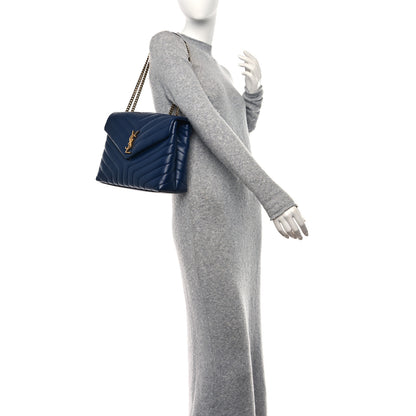 Saint Laurent Calfskin Y Quilted Monogram Medium Loulou Chain Satchel Deep Marine 2 of 13