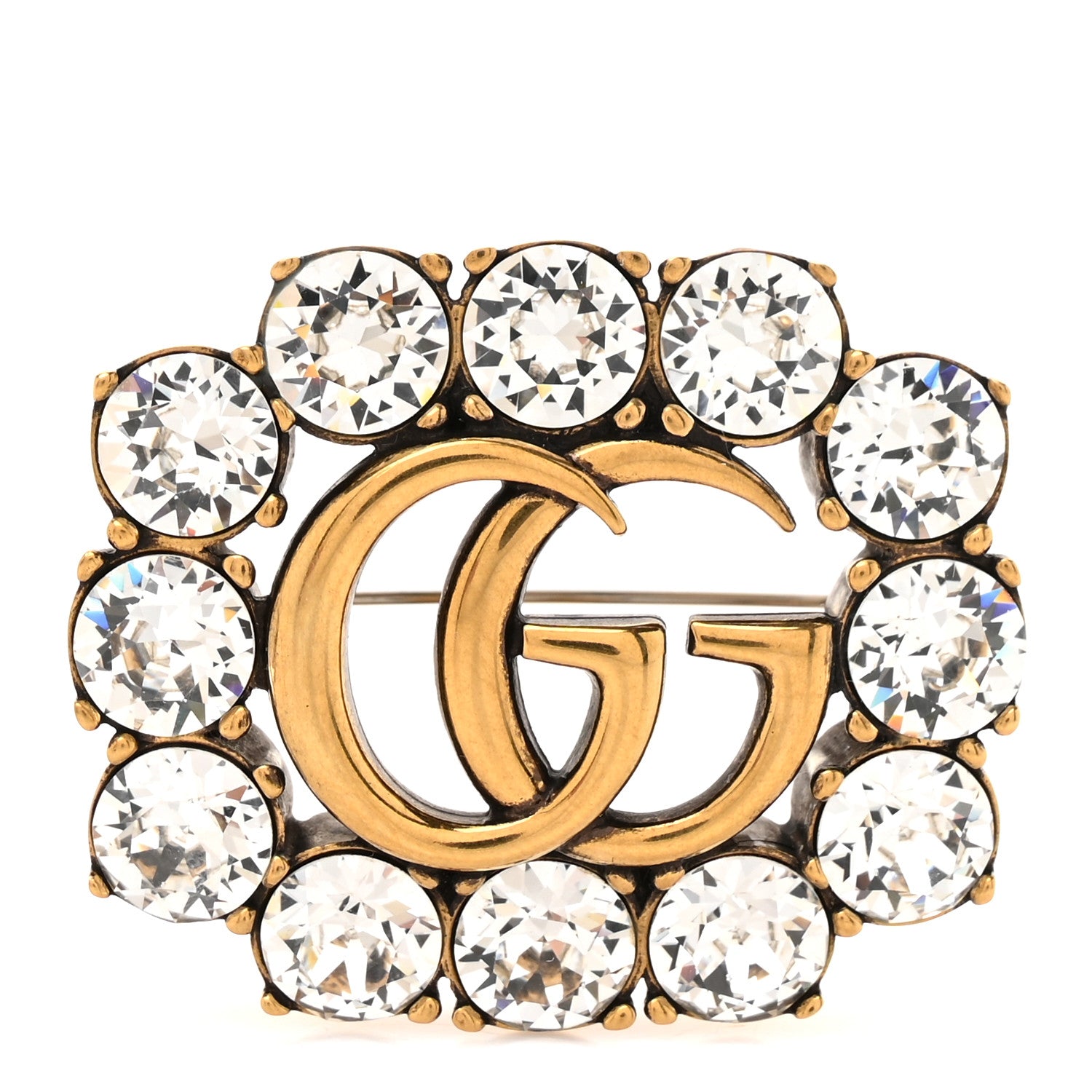 Gucci Metal Crystal Double G Brooch Aged Gold 1 of 4