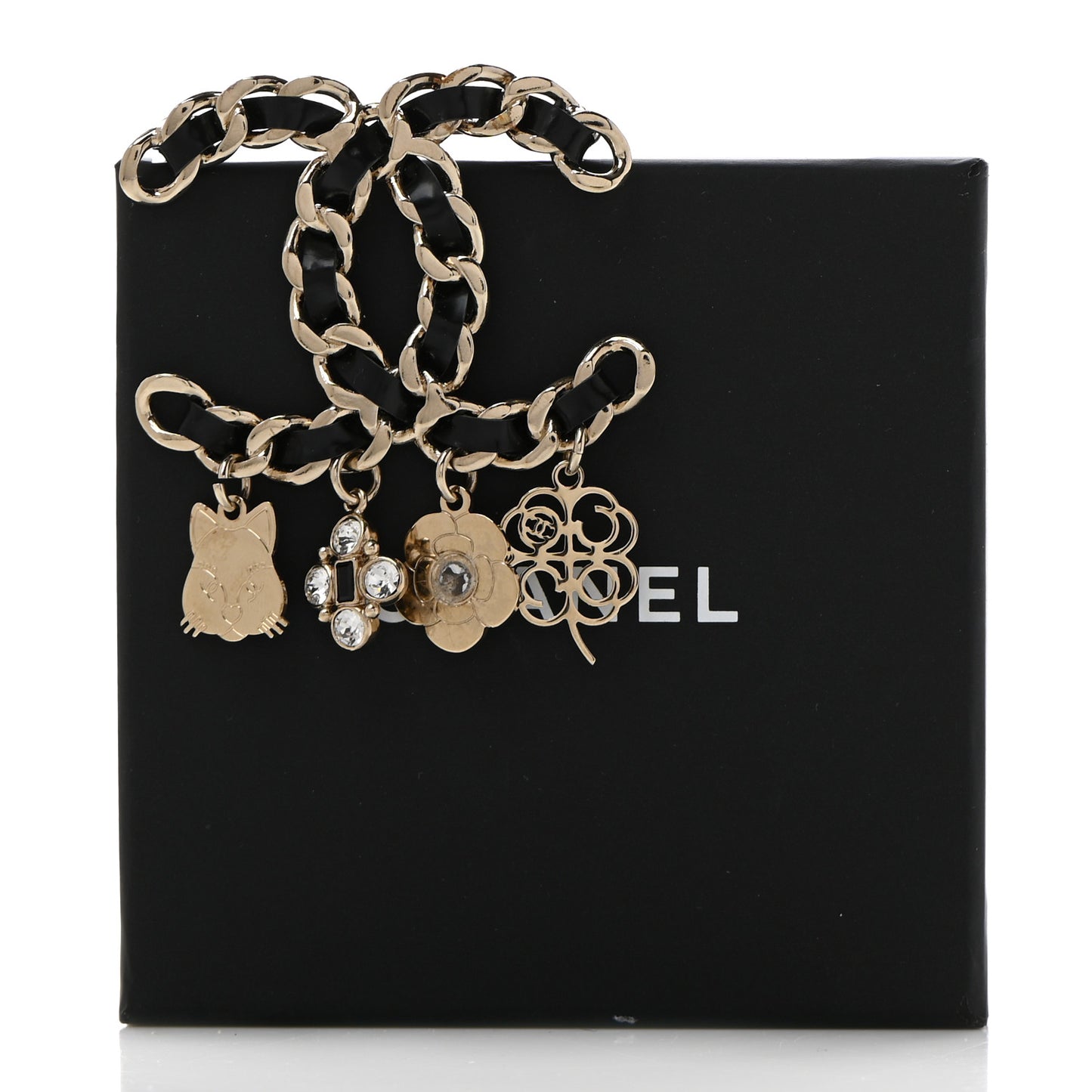 Lambskin Crystal Chain CC Charms Brooch Black Gold