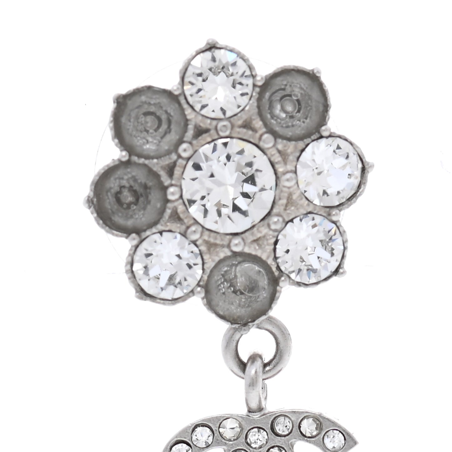Crystal CC Flower Dangle Earrings Silver Light Grey