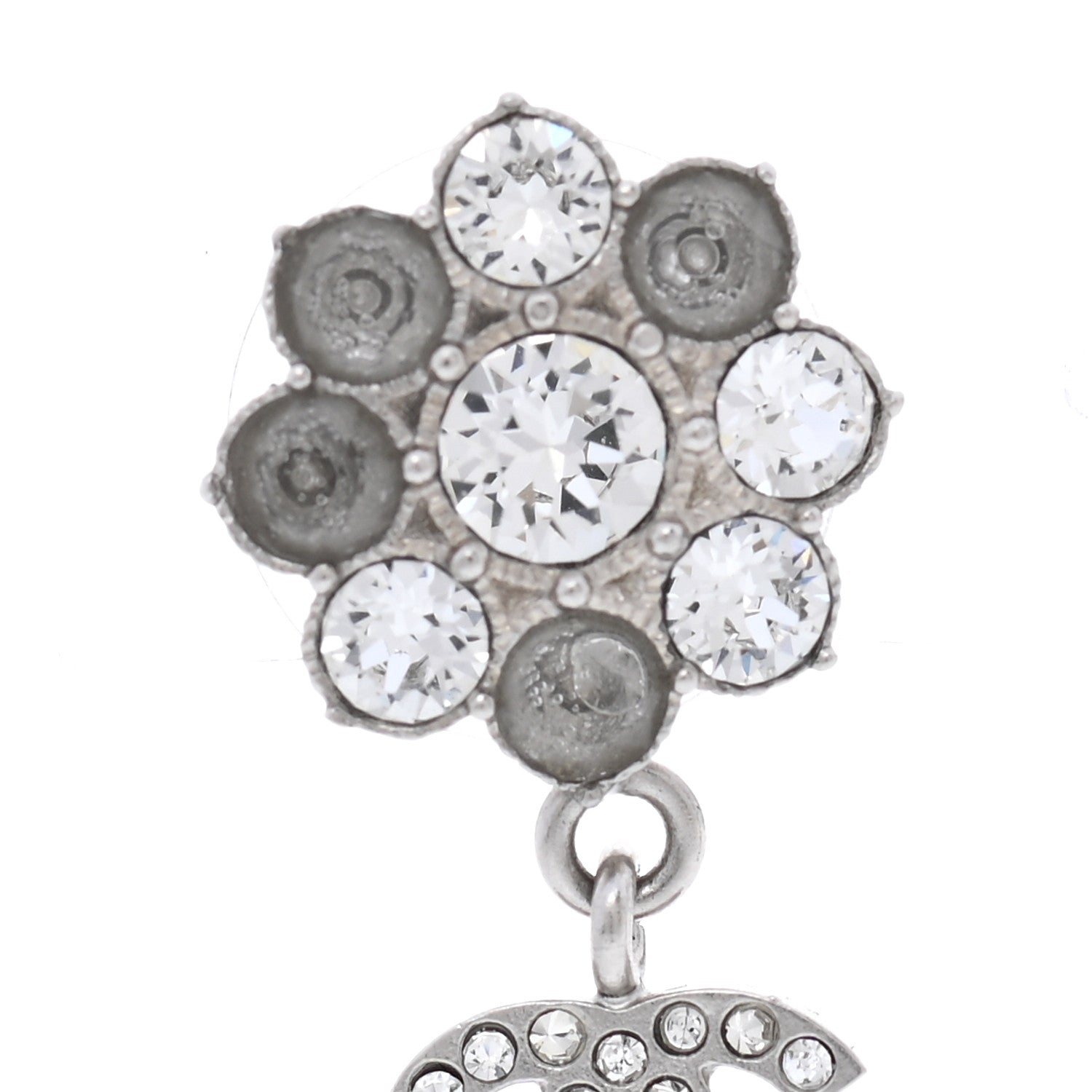 Chanel Crystal CC Flower Dangle Earrings Silver Light Grey 5 of 6
