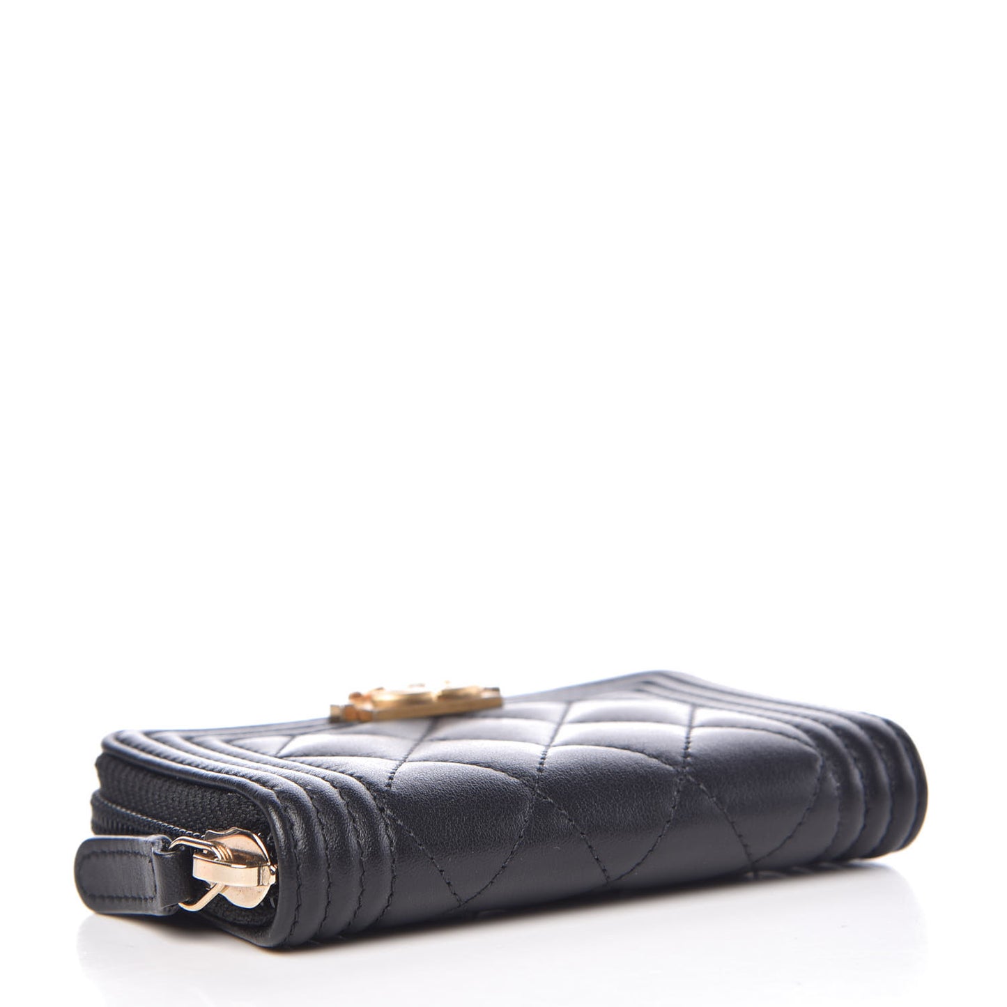 Calfskin Quilted Zip Around Boy Coin Purse Wallet Black