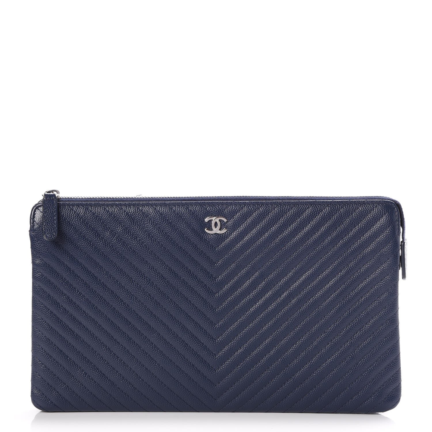 Chanel Caviar Chevron Quilted Large Zipped Clutch Navy 1 of 9