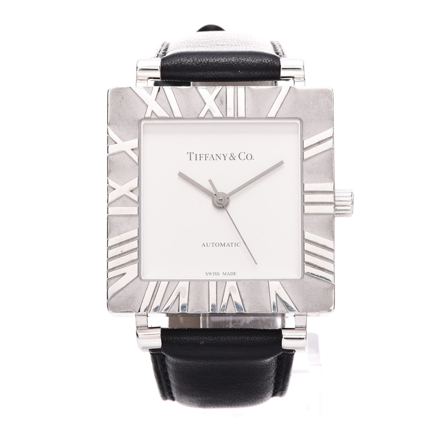 Tiffany Sterling Silver Calfskin 34mm Atlas Square Automatic Watch 1 of 10