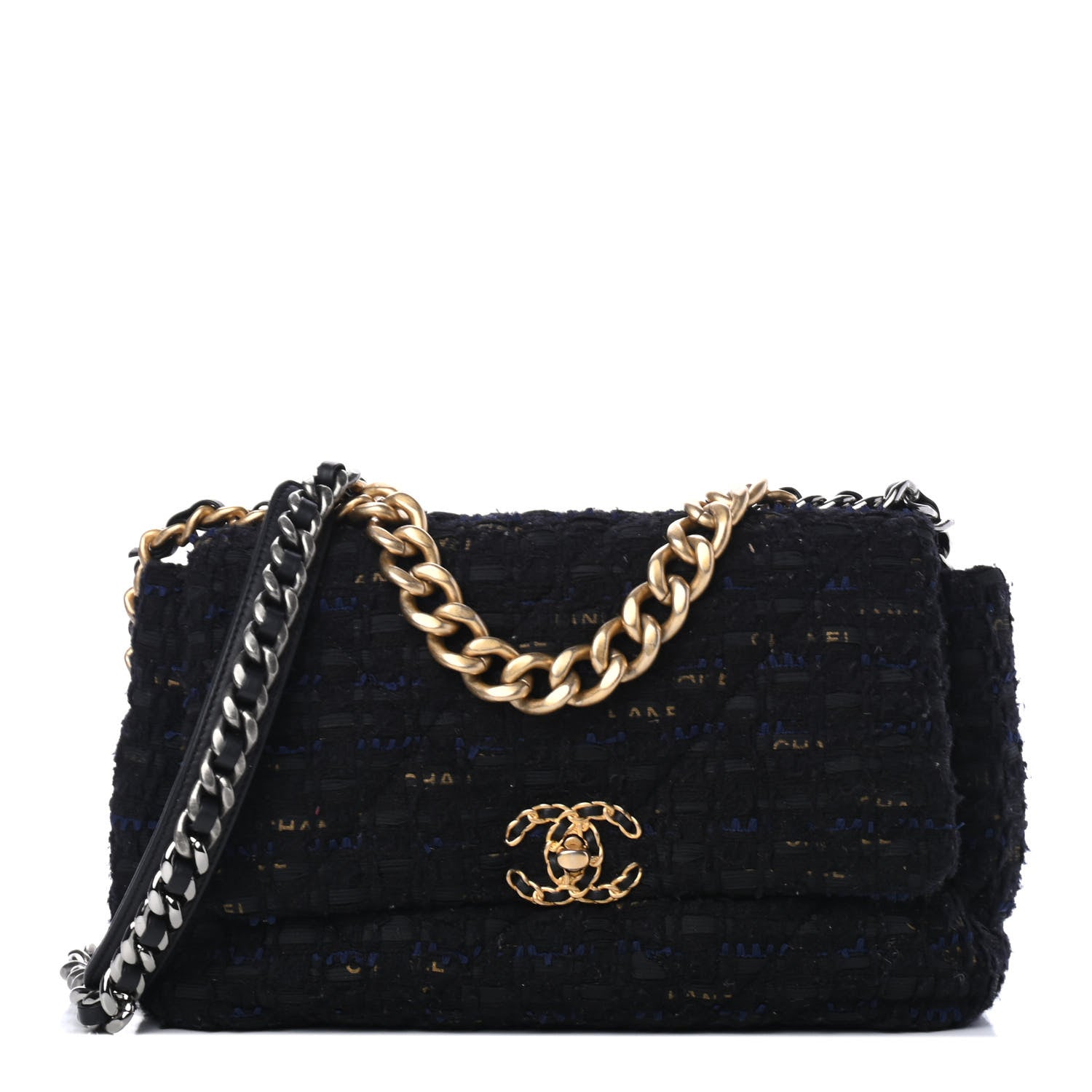 Chanel Tweed Quilted Large Chanel 19 Flap Black Navy Gold 1 of 4