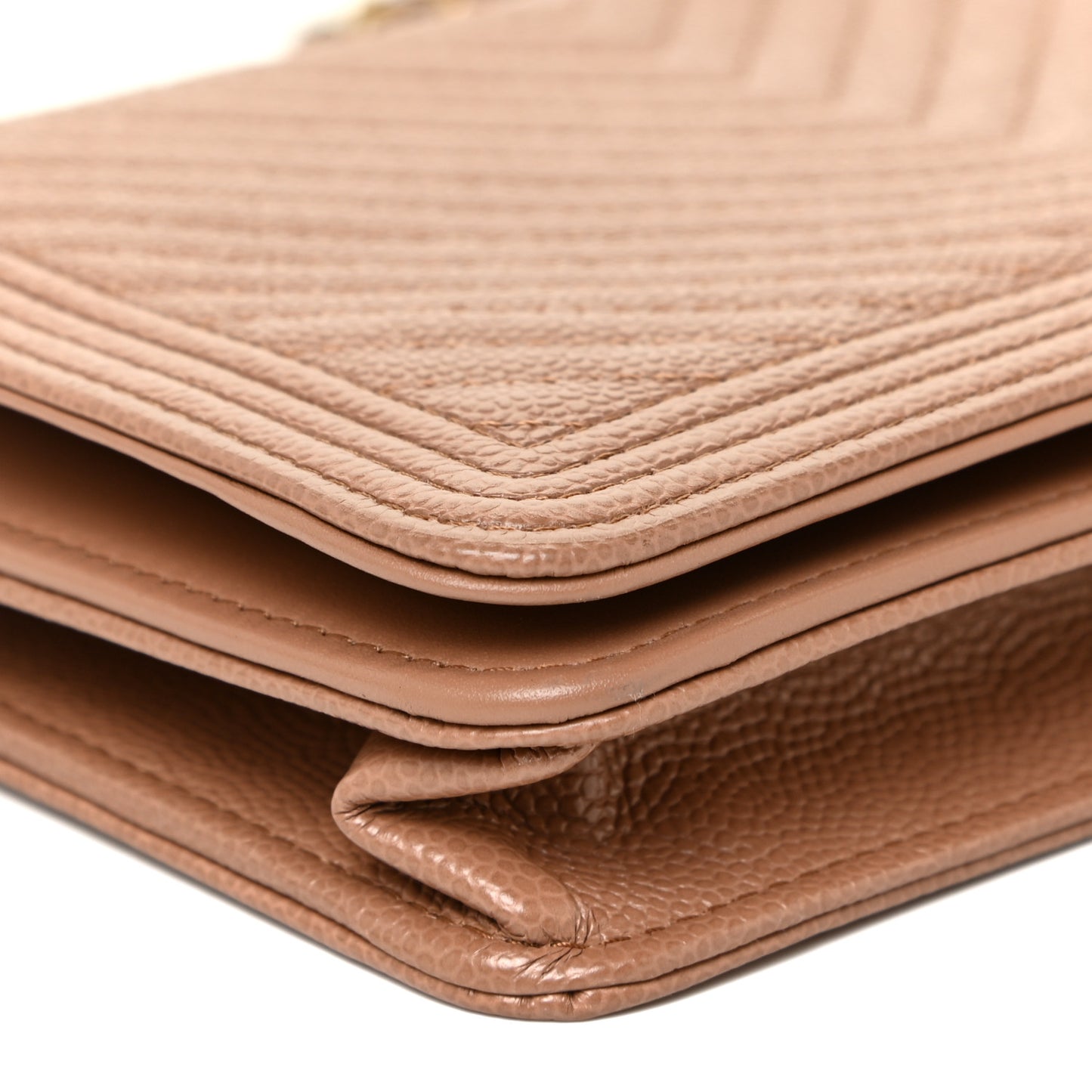 Caviar Chevron Quilted Boy Wallet On Chain WOC Dark Beige