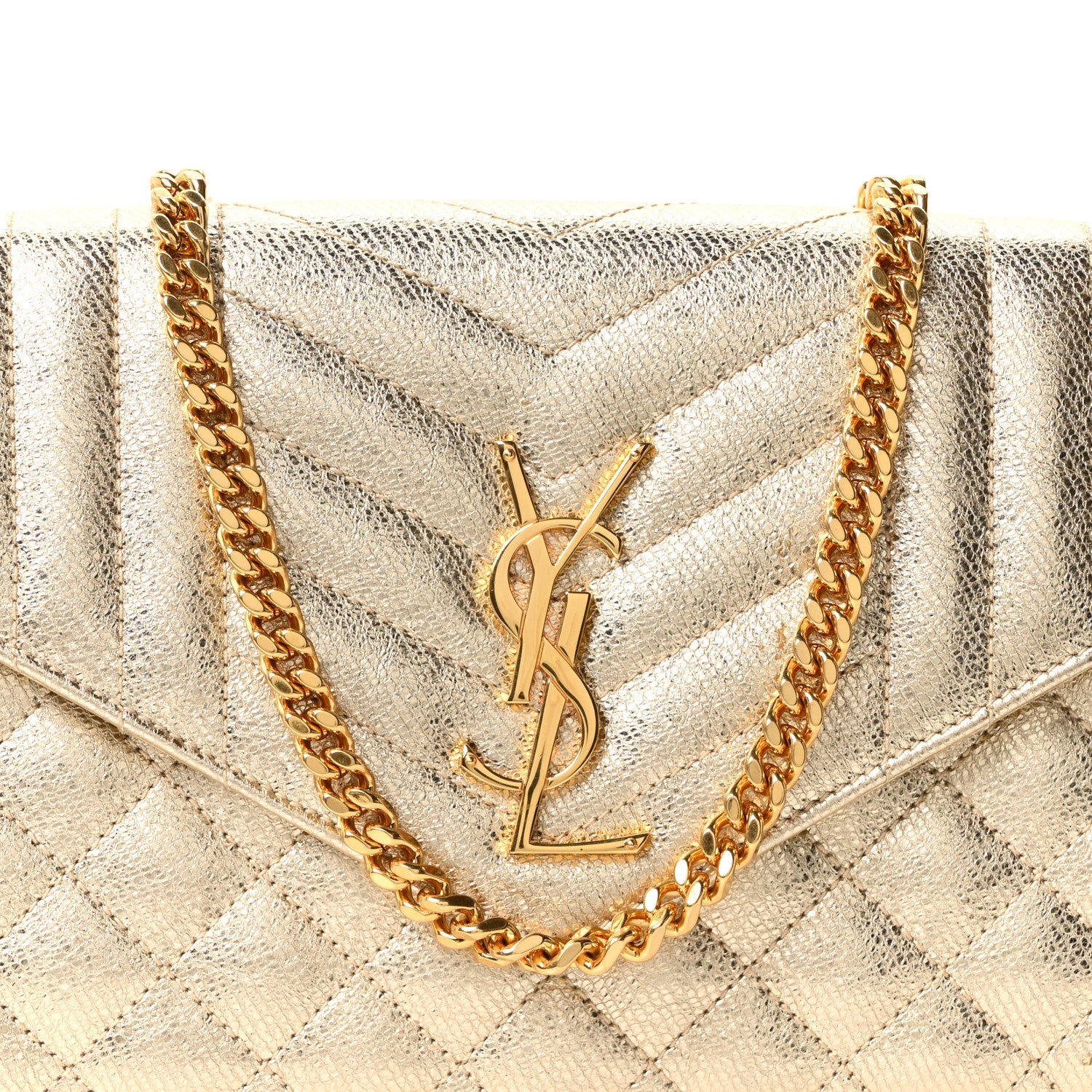 Saint Laurent Metallic Calfskin Tri-Quilt Monogram Envelope Chain Wallet Grey Oro 8 of 10