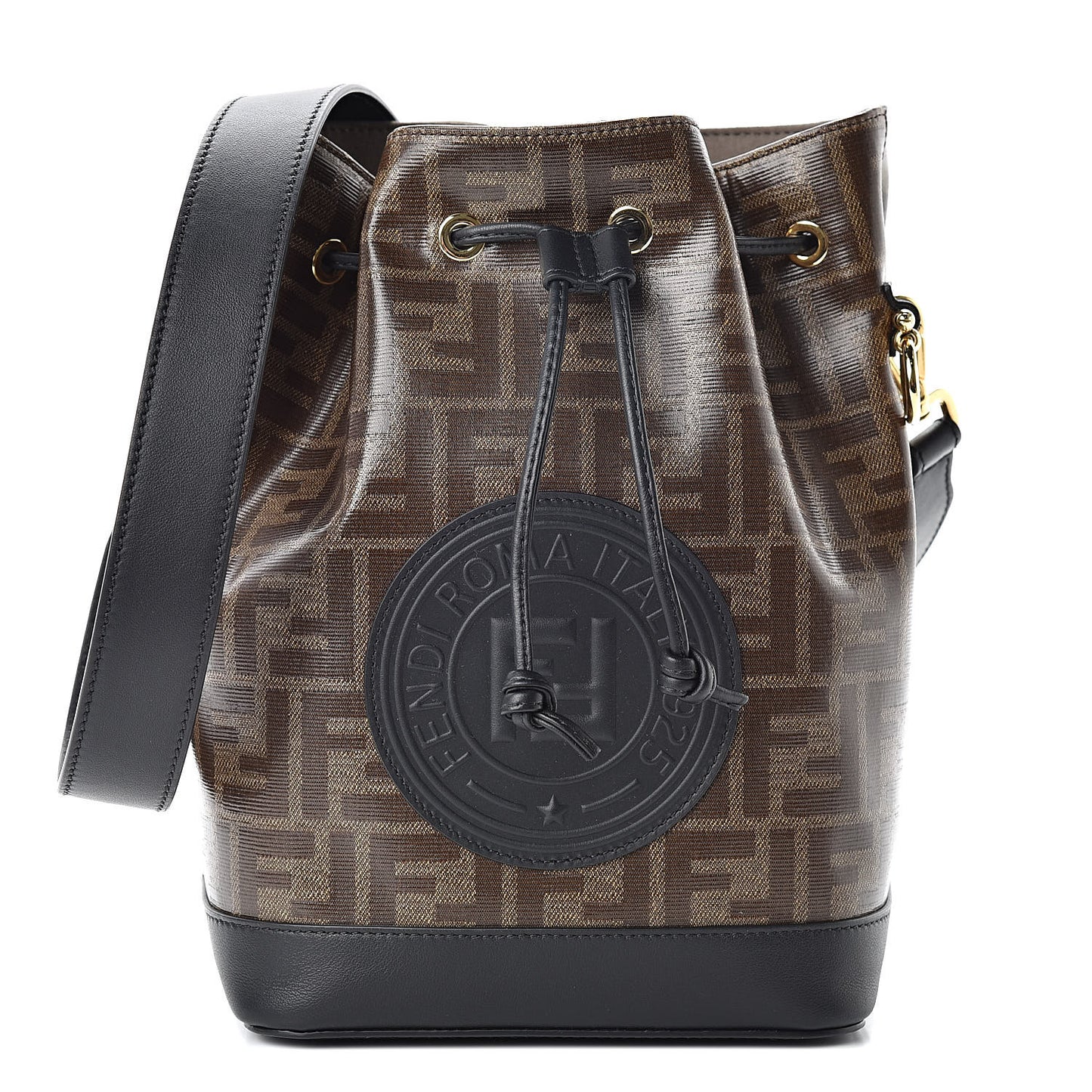 Glazed Fabric Vitello Grace F is Fendi FF 1974 Stamp Patch Grande Mon Tresor Bucket Bag Mogano Panna Black