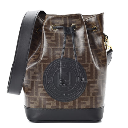 Fendi Glazed Fabric Vitello Grace F is Fendi FF 1974 Stamp Patch Grande Mon Tresor Bucket Bag Mogano Panna Black 1 of 11