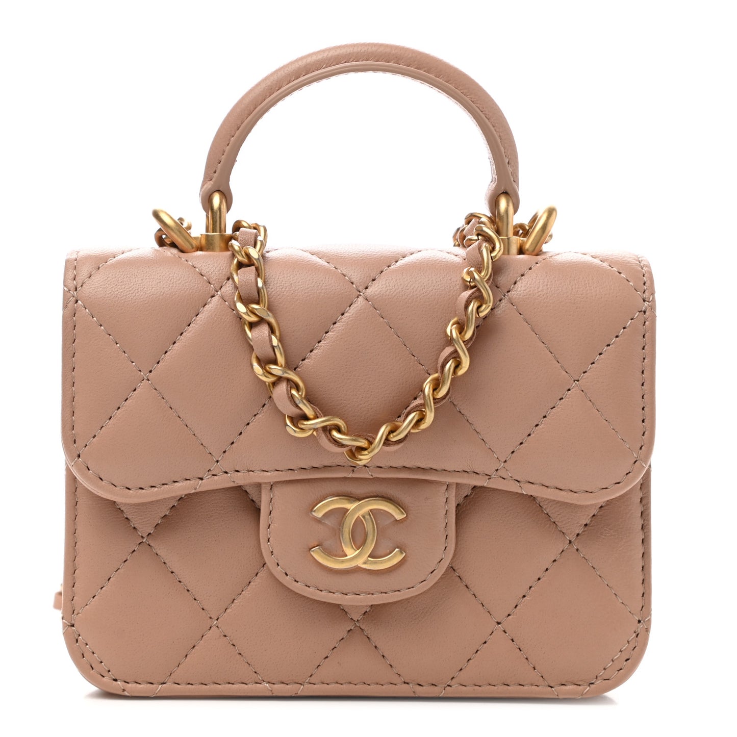 Lambskin Quilted Top Handle Flap Coin Purse With Chain Beige