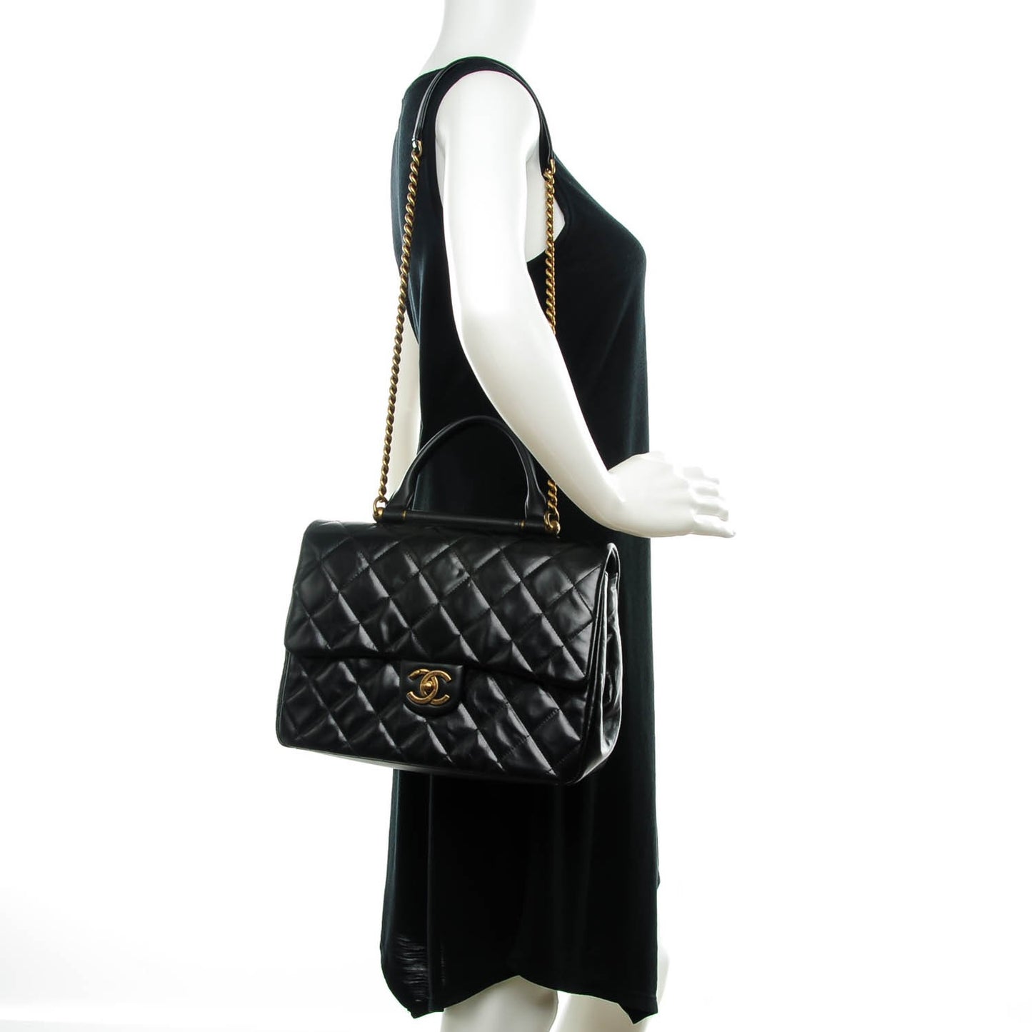 Calfskin Quilted Large Gold Bar Top Handle Flap Black