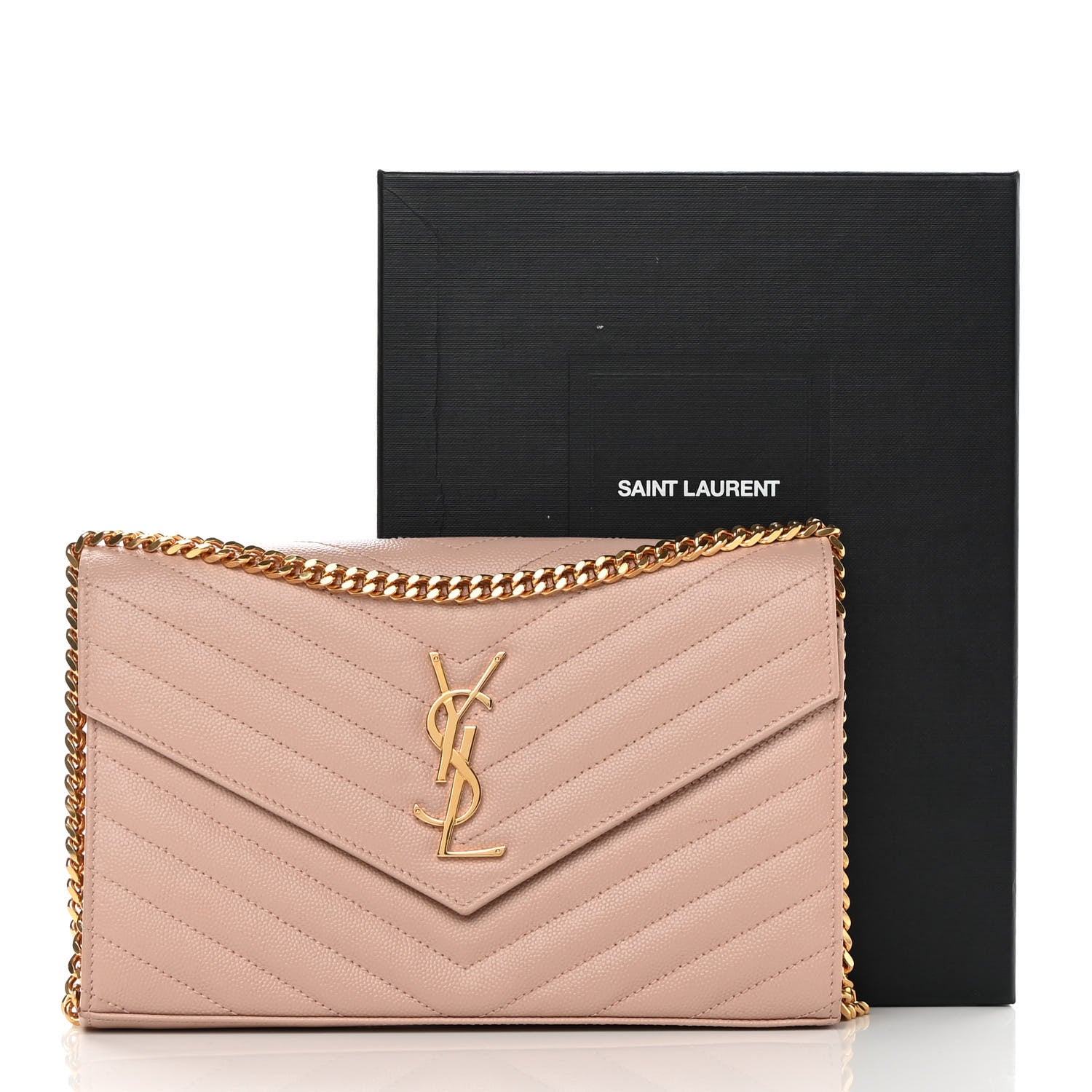 Saint Laurent Grain De Poudre Matelasse Chevron Monogram Chain Wallet Nude Powder 13 of 13