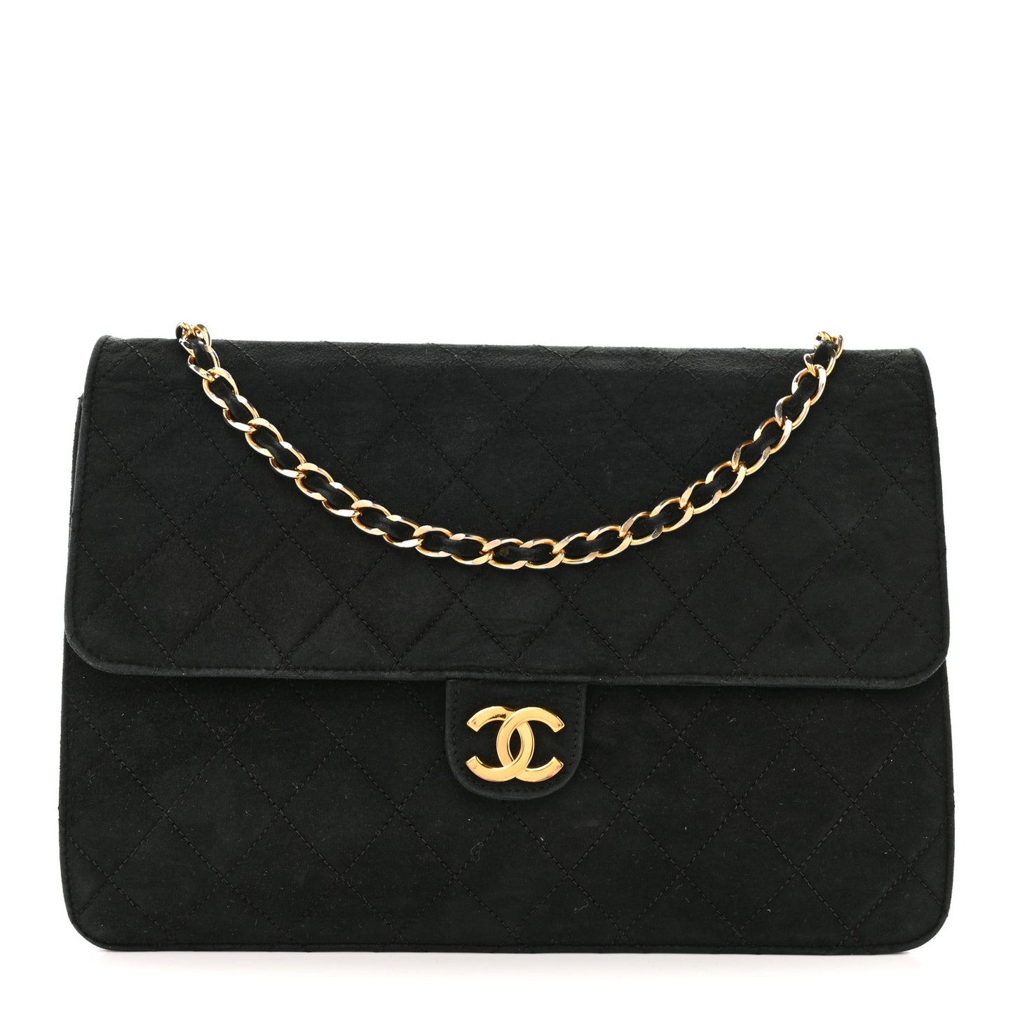 Suede Quilted Medium Single Flap Black