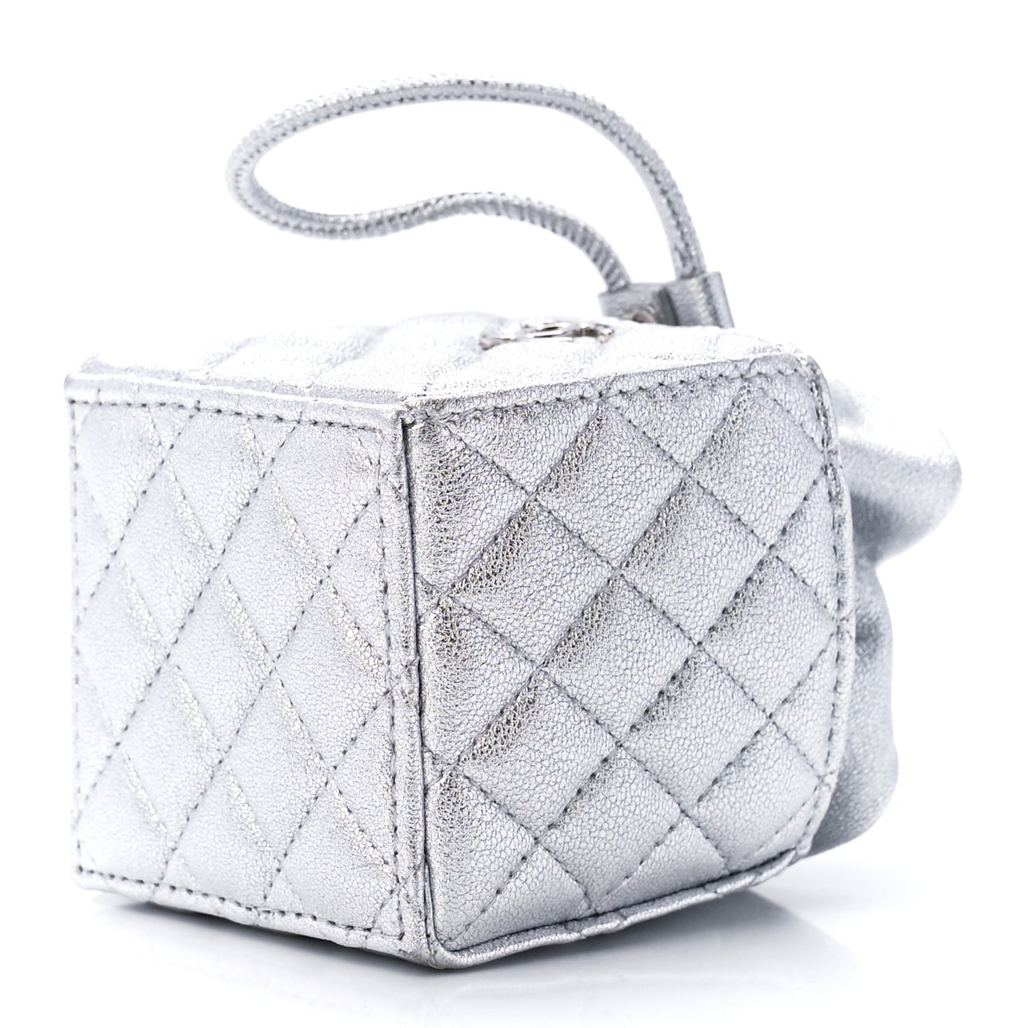 Metallic Caviar Quilted Mini Drawstring Bucket Bag Silver