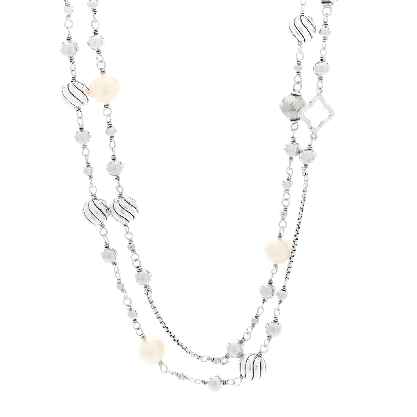 Sterling Silver Cultured Pearl Quatrefoil Long Chain Necklace