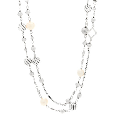 David Yurman Sterling Silver Cultured Pearl Quatrefoil Long Chain Necklace 1 of 4