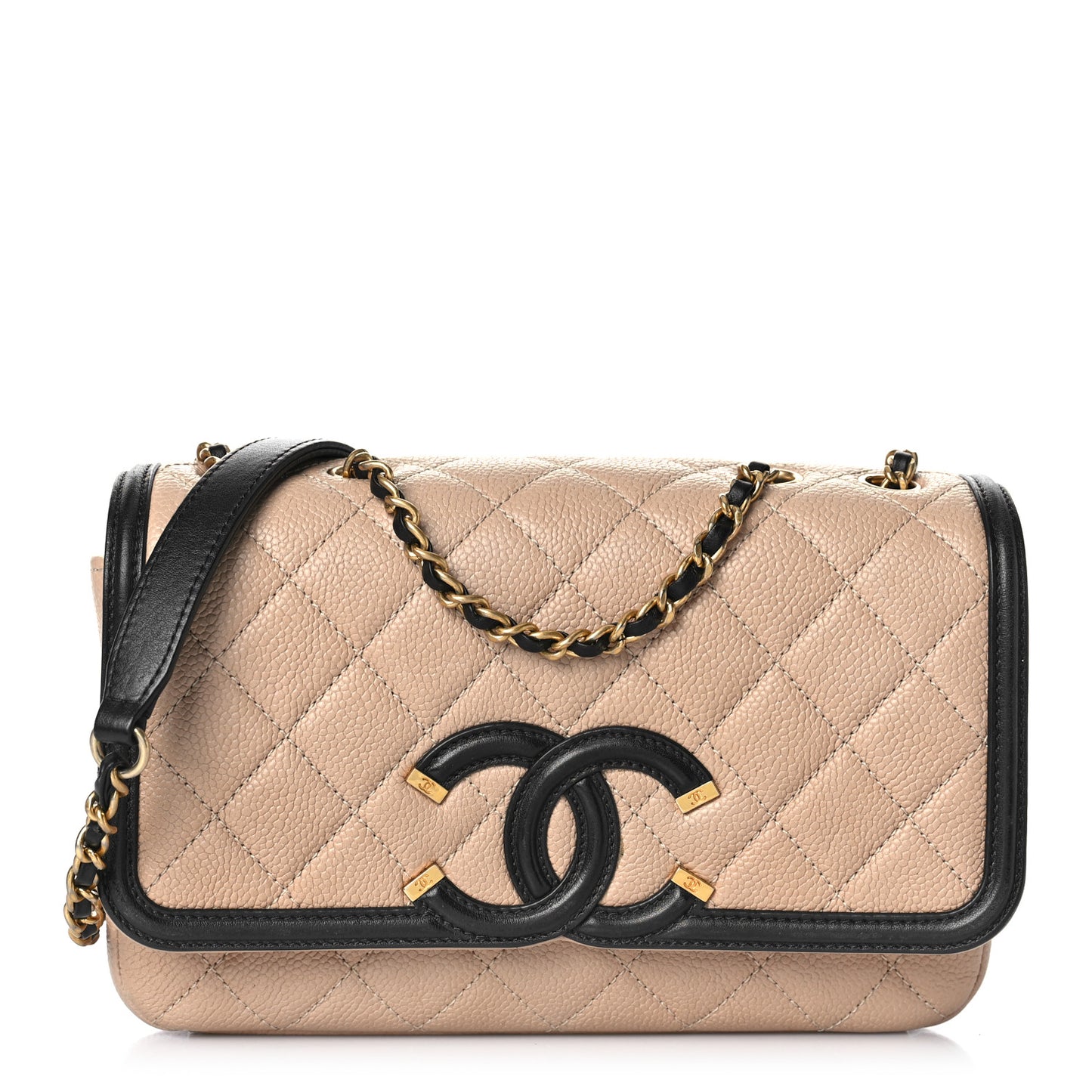 Caviar Quilted Small CC Filigree Flap Beige Black