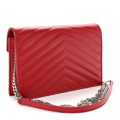 Saint Laurent Grain De Poudre Matelasse Chevron Monogram Envelope Chain Wallet  New Red 3 of 10