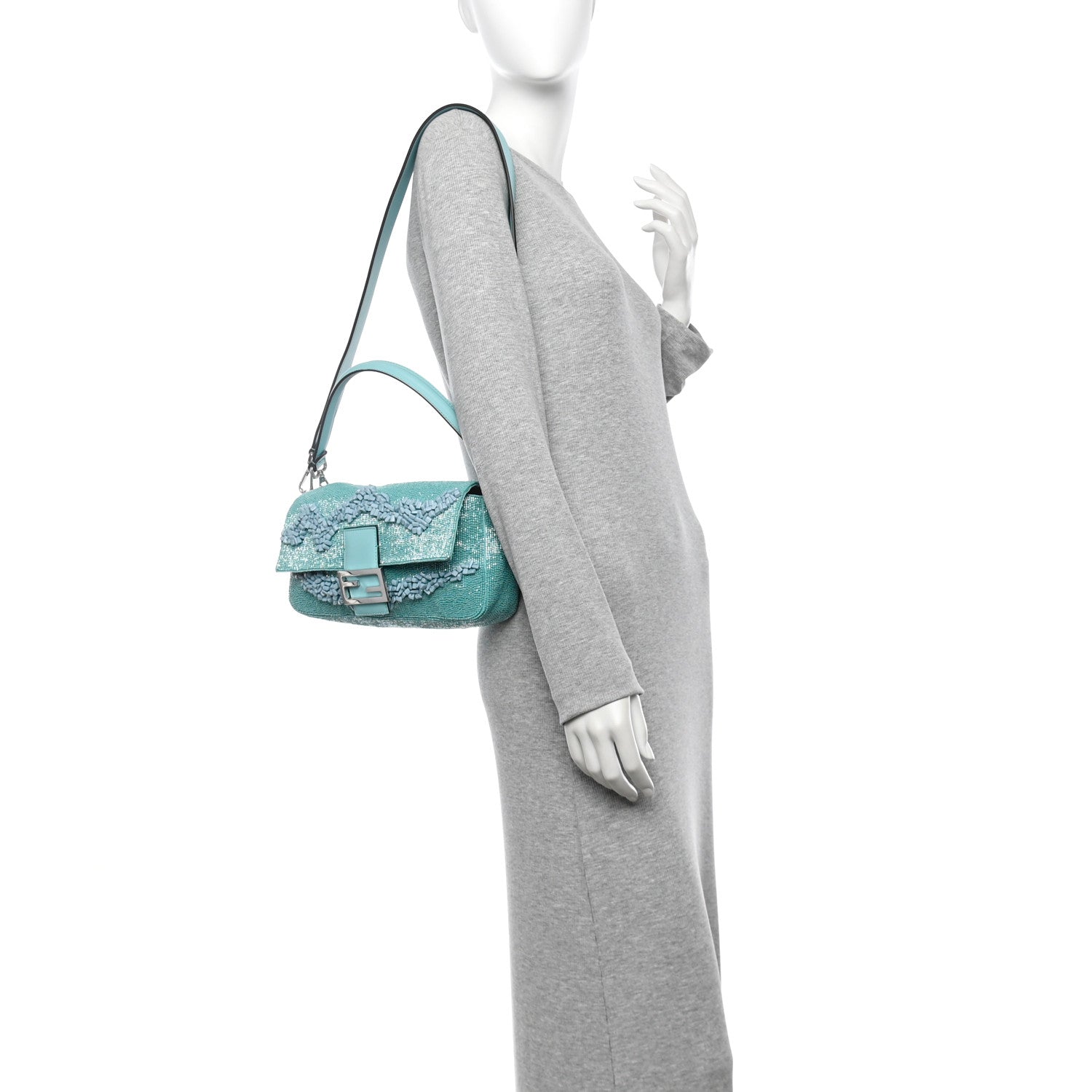 Fendi Rolling Stone Vitello Seta Bead Embroidered Re-Edition Baguette Spring Turquoise 2 of 10