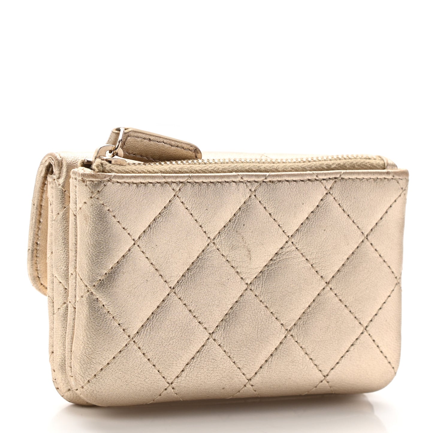 Metallic Lambskin Quilted Flap Card Holder Wallet Gold
