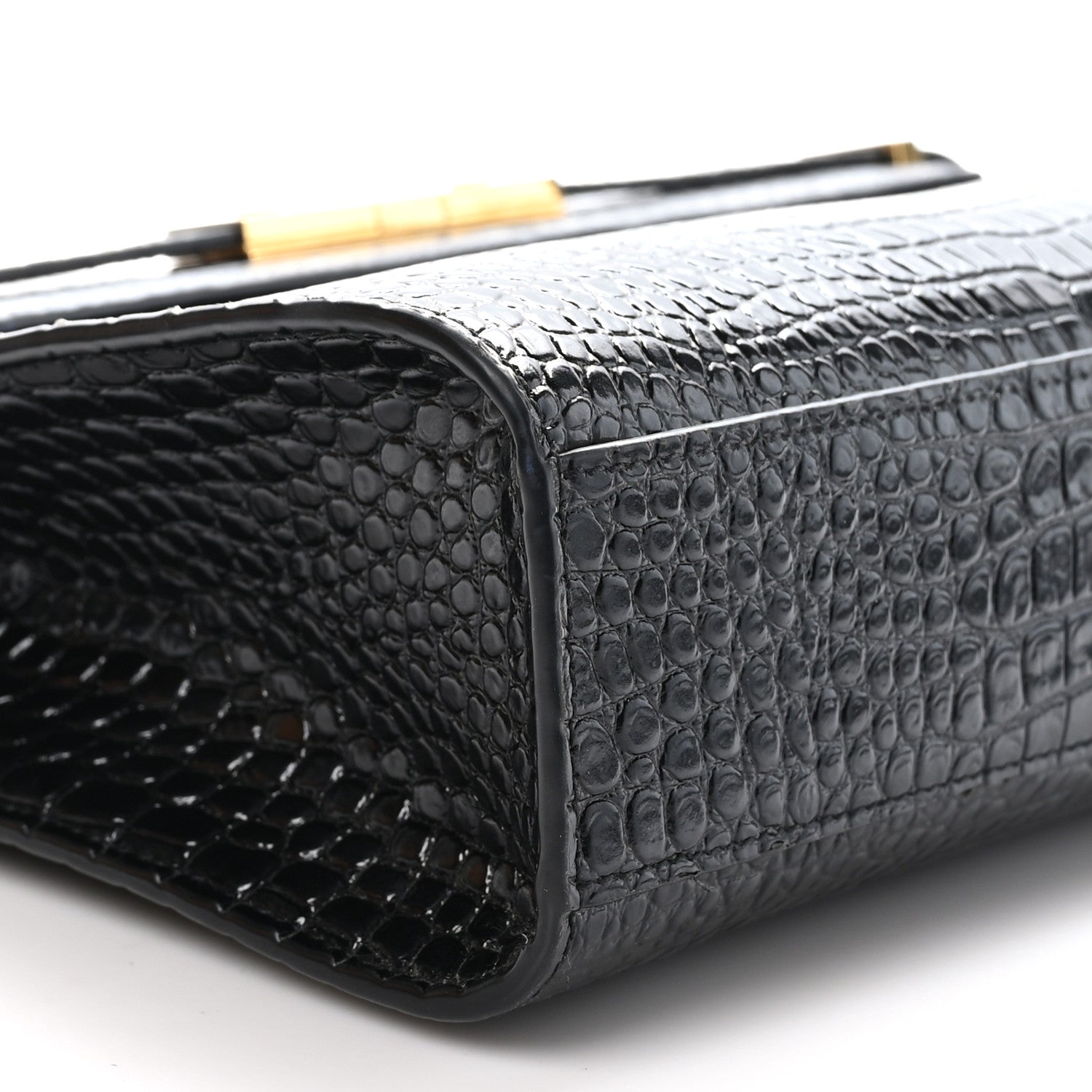 Saint Laurent Shiny Calfskin Crocodile Embossed Manhattan Baguette Black 9 of 10