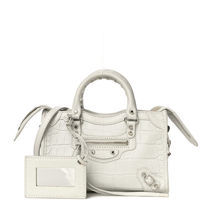 Balenciaga Matte Supple Lambskin Crocodile Embossed Classic Silver Hardware Nano City White 1 of 11