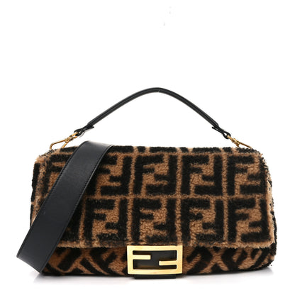 Fendi Shearling Vitello Dolce Macro FF 1974 Large Baguette Tobacco Black 1 of 11
