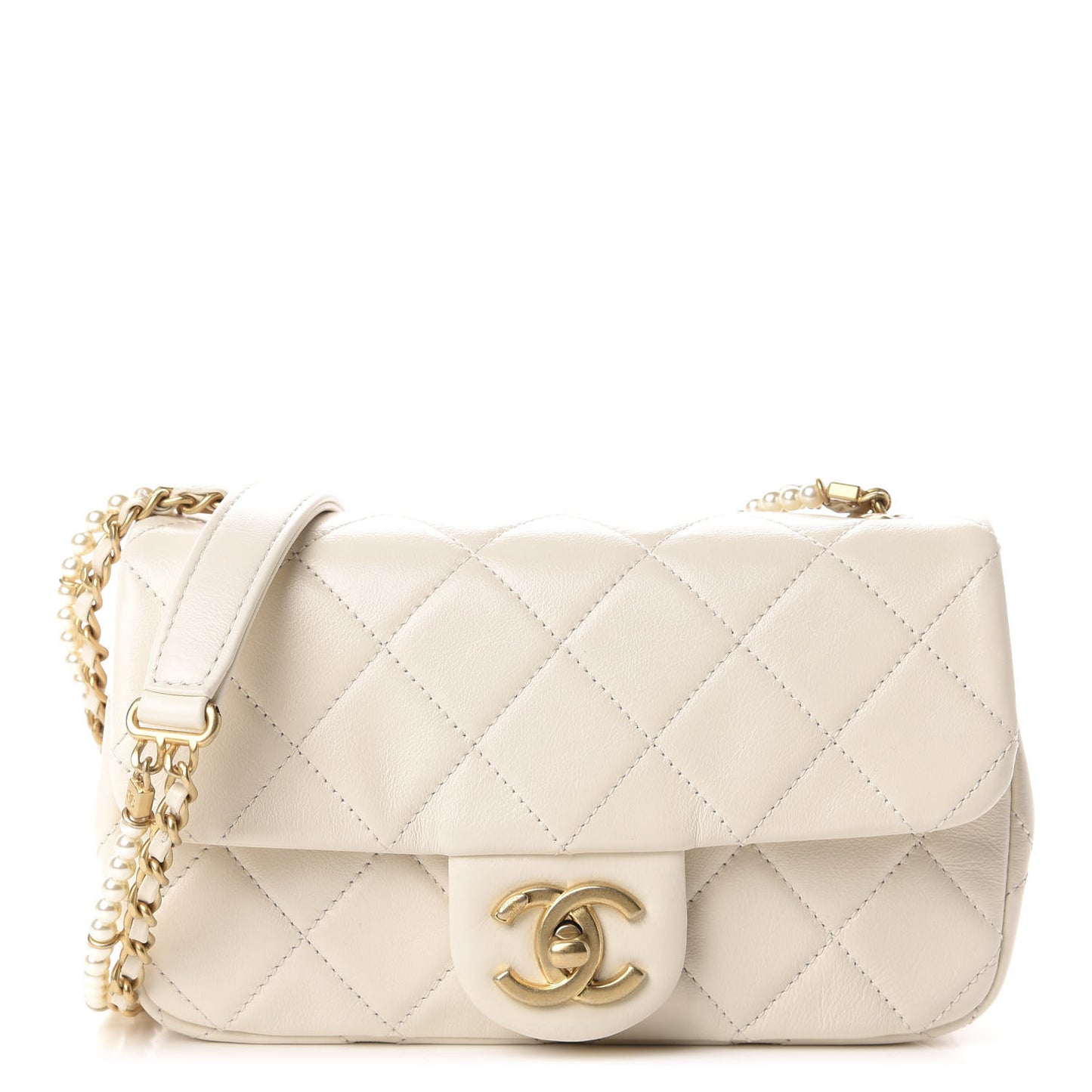 Calfskin Quilted Crystal Pearls Small Flap Bag White