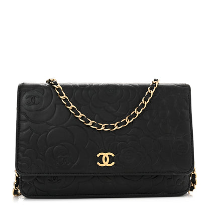Chanel Lambskin Camellia Embossed Wallet On Chain WOC Black 1 of 11