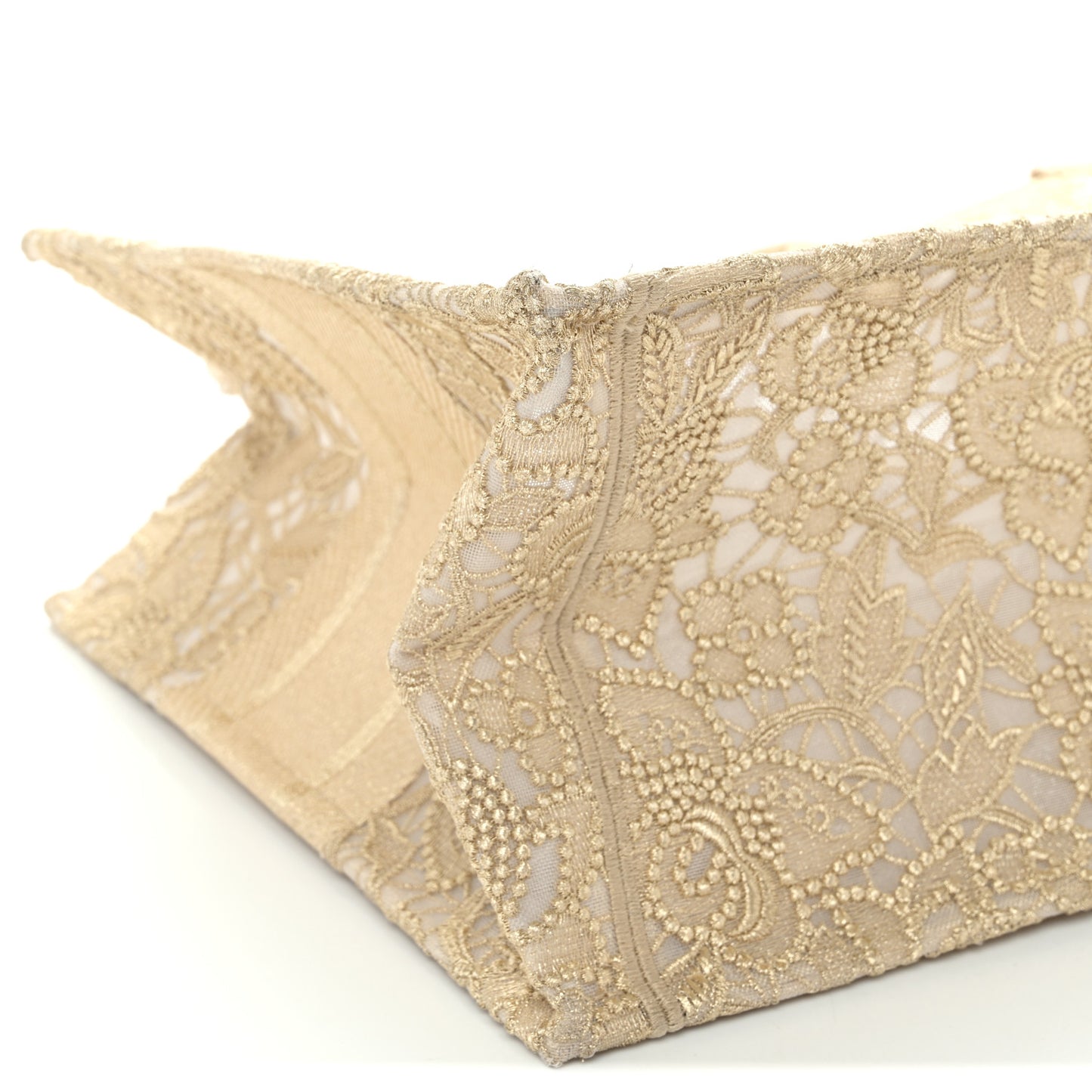Transparent Metallic Embroidered Mesh Macrame Medium Book Tote Gold