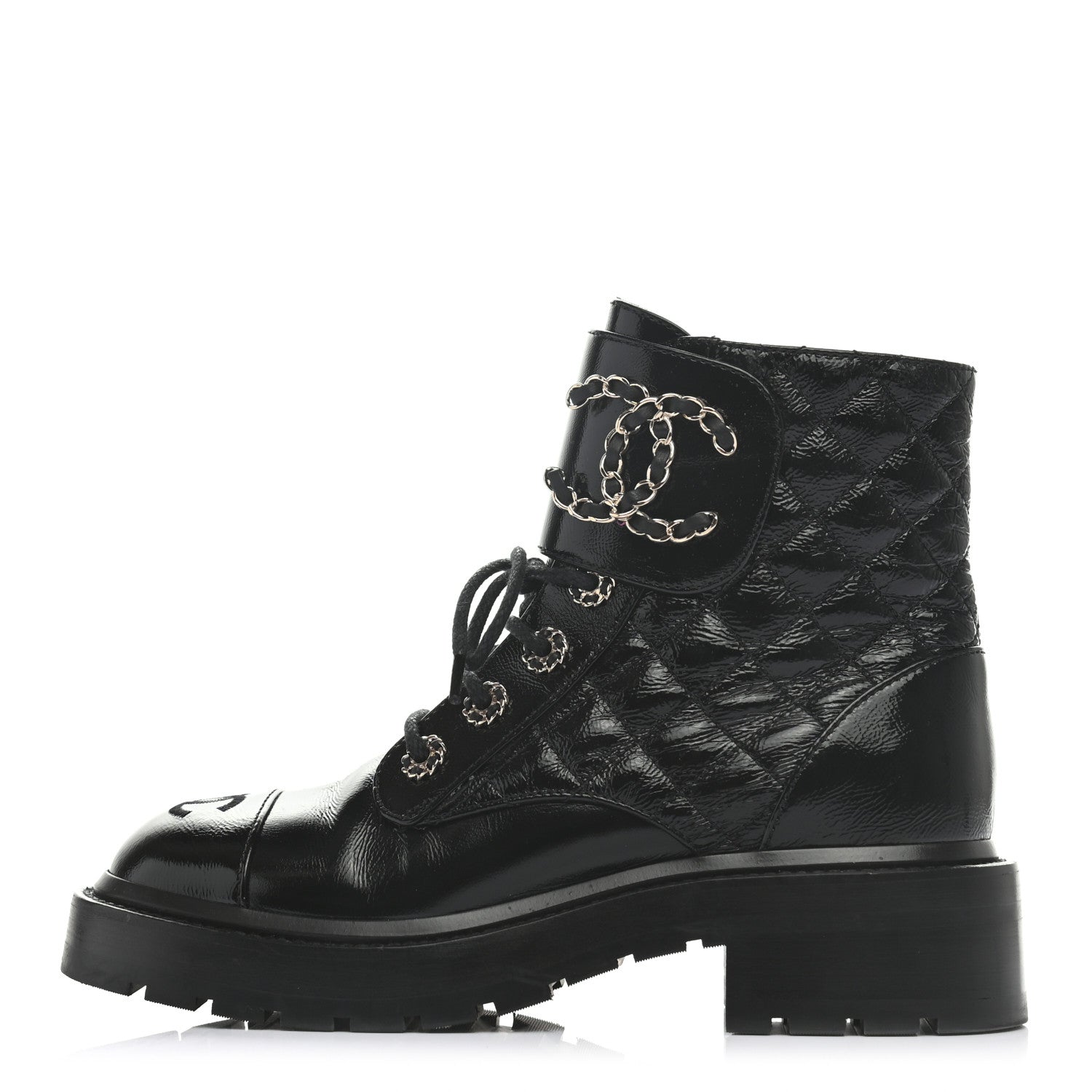 Chanel Shiny Calfskin Quilted Lace Up Combat Boots 35 Black 1 of 12