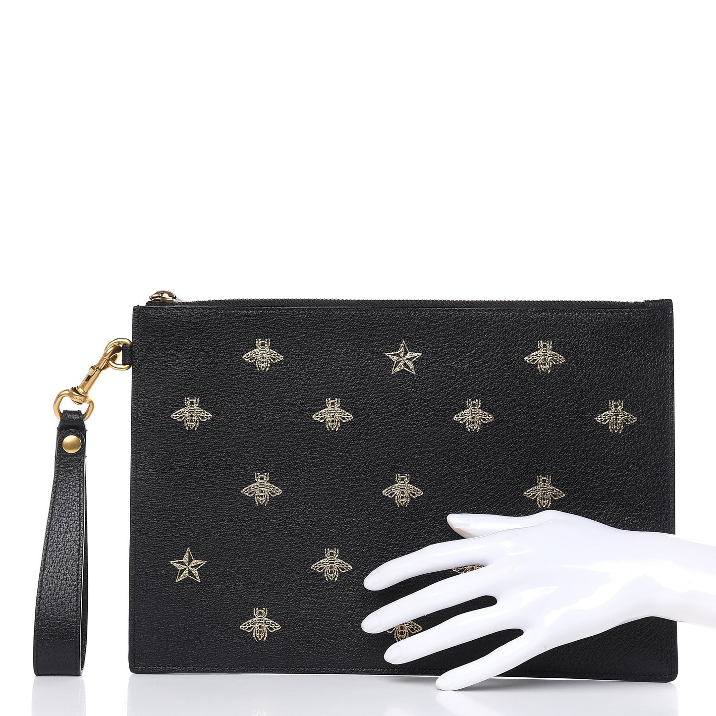 Dollar Calfskin Boar Effect Bee Star Zip Wristlet Pouch Black