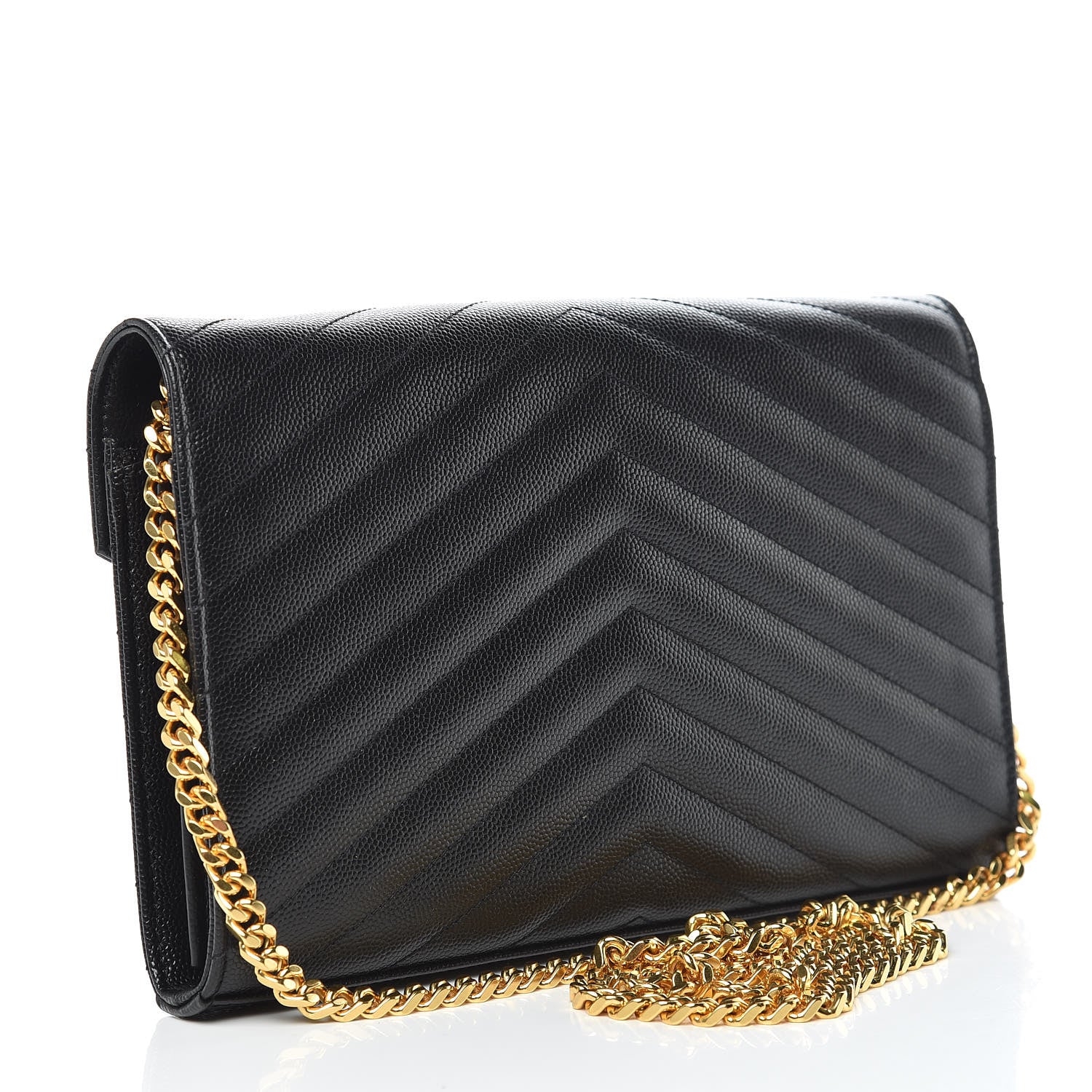 Saint Laurent Grain De Poudre Matelasse Chevron Monogram Chain Wallet Black 3 of 10
