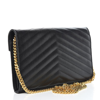 Saint Laurent Grain De Poudre Matelasse Chevron Monogram Chain Wallet Black 3 of 10