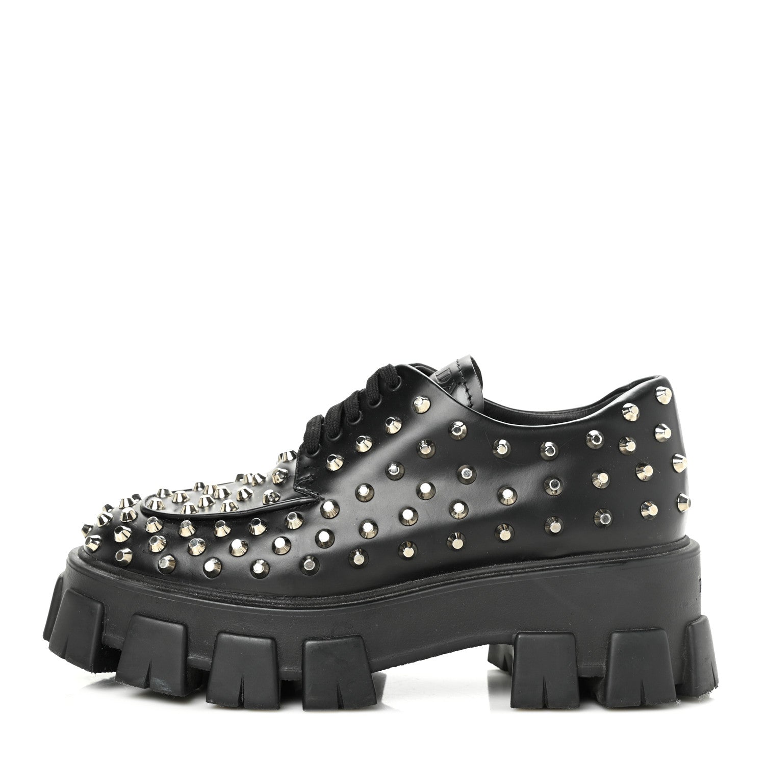 Prada Spazzolato Rois Studded Lace Up Monolith 55mm Derby Loafers 37.5 Black 1 of 8